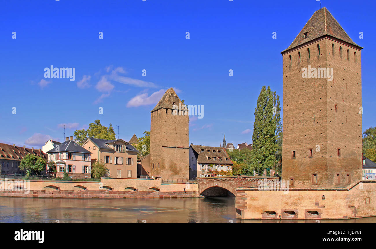 Tours, ponts, Alsace, Strasbourg, bleu, historique, pont, vieille ville, Banque D'Images