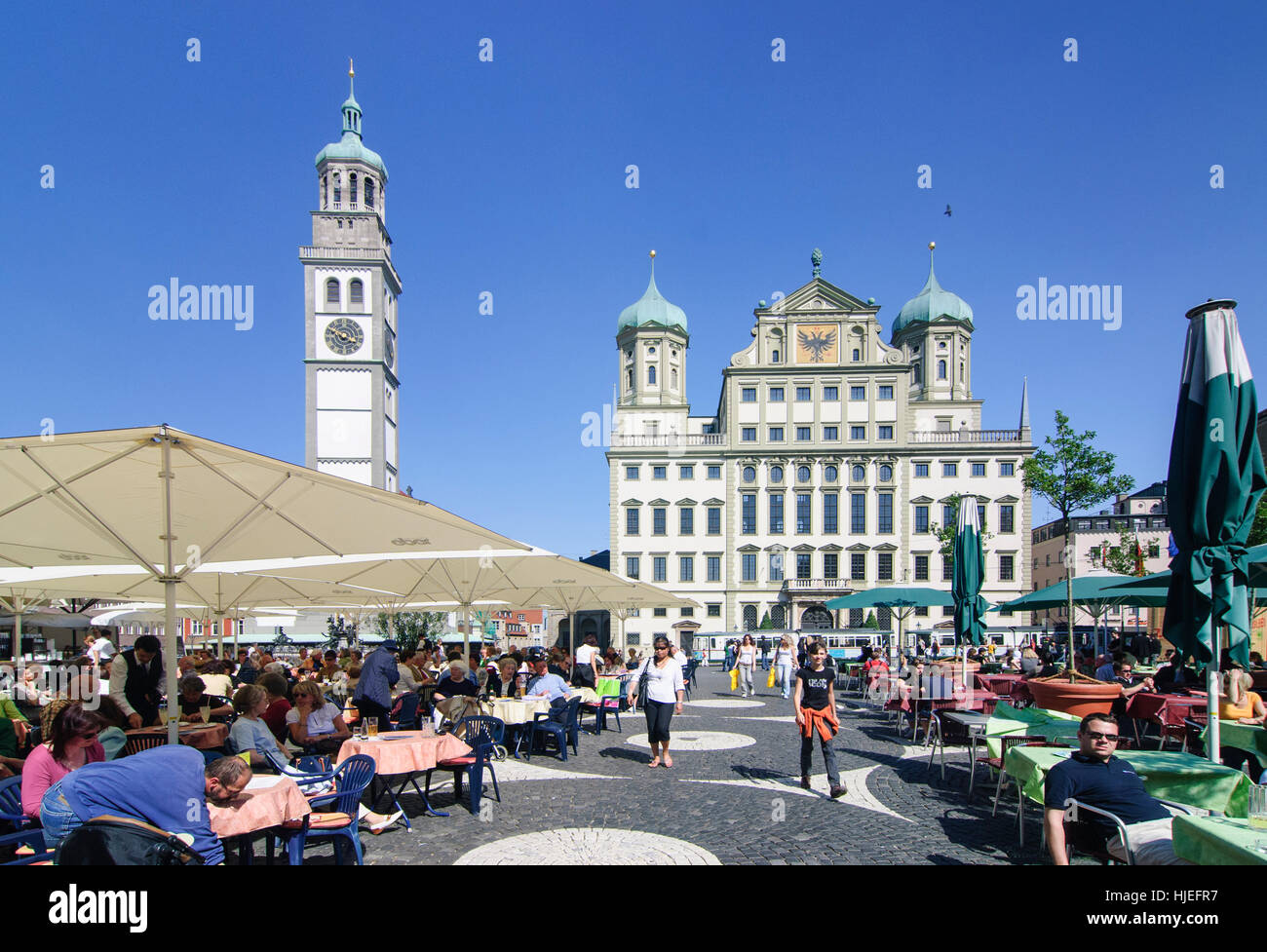 Augsburg : Tour Perlach, Town Hall Square au Burgtheater, Schwaben, souabe, Bayern, Bavière, Allemagne Banque D'Images