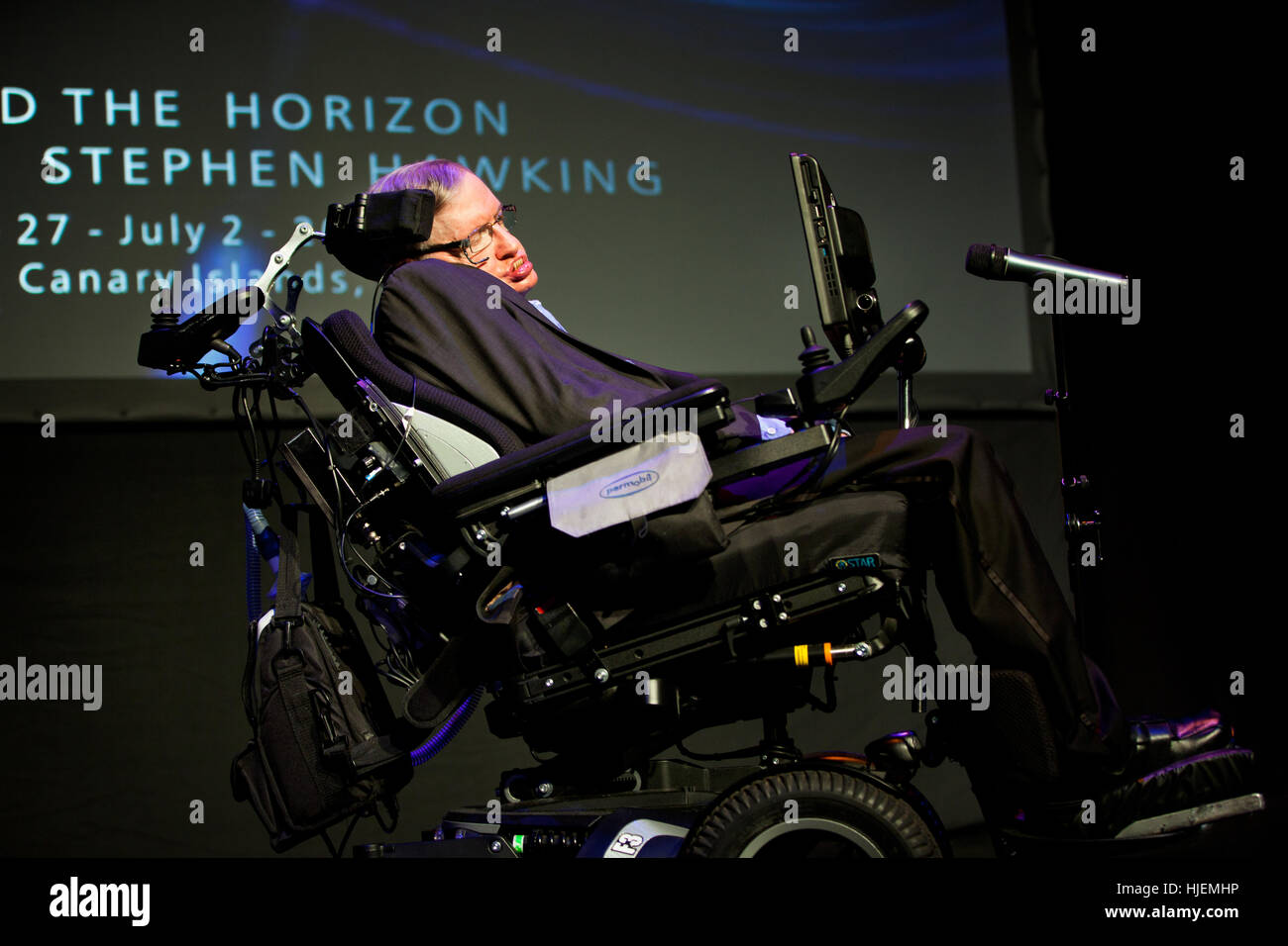 Le professeur Stephen Hawking, scientifique britannique, physicien de renommée mondiale, portrait, Starmus festival 2016 Tenerife Banque D'Images