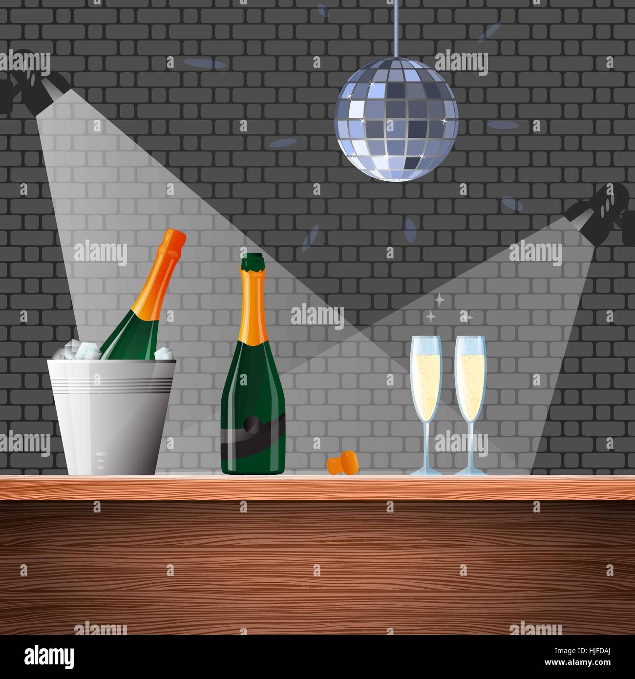 Des bouteilles de champagne dans un seau de glaçons et verres de vin mousseux sur le comptoir du bar. Télévision vector illustration. Illustration de Vecteur