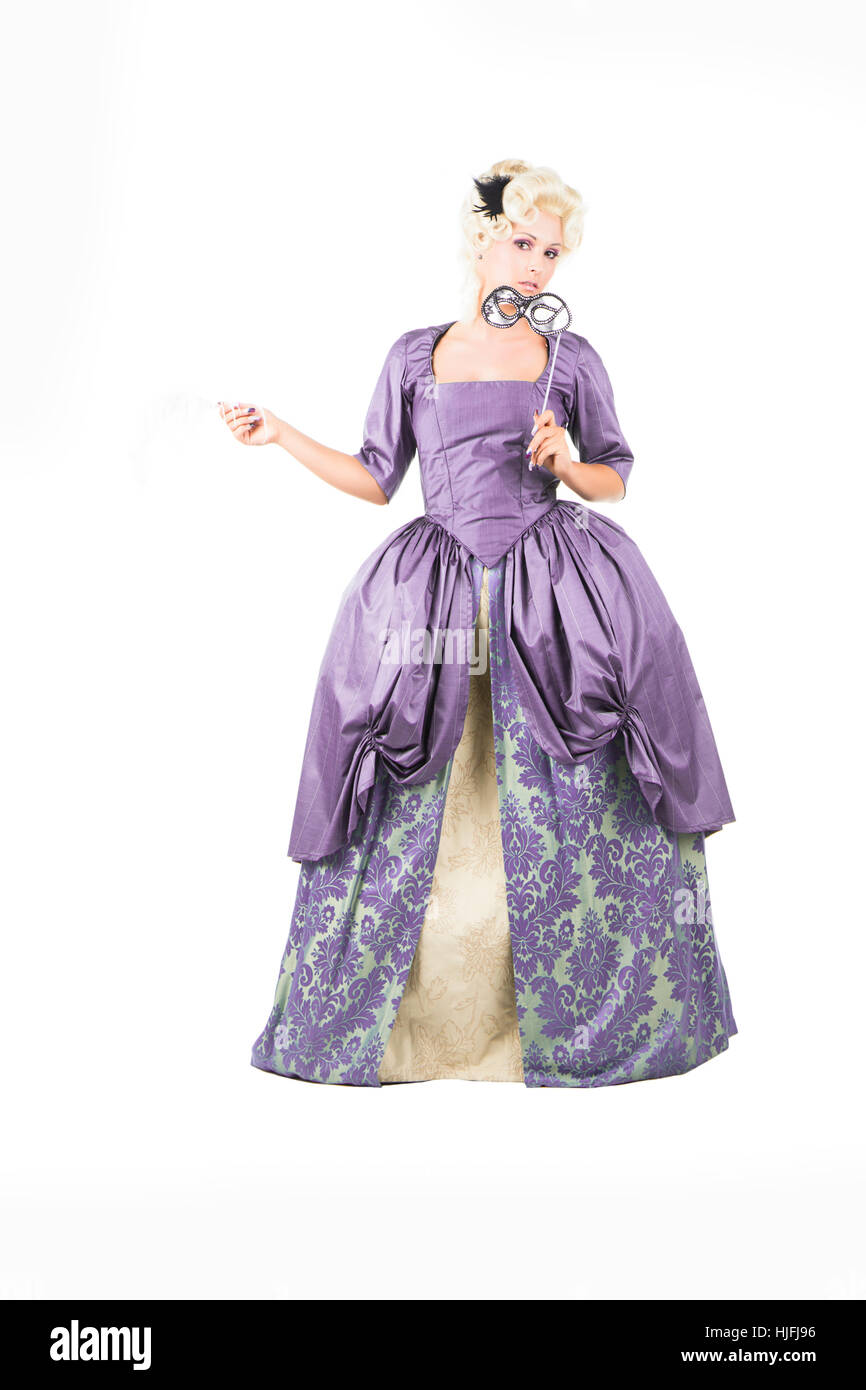 Romantique, baroque, costume, plume, blonde, femme, élégant, éclat, brille, Banque D'Images