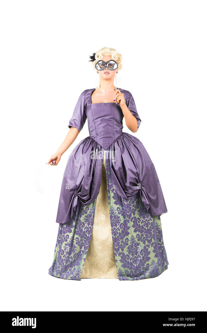 Romantique, baroque, costume, plume, blonde, femme, élégant, éclat, brille, Banque D'Images