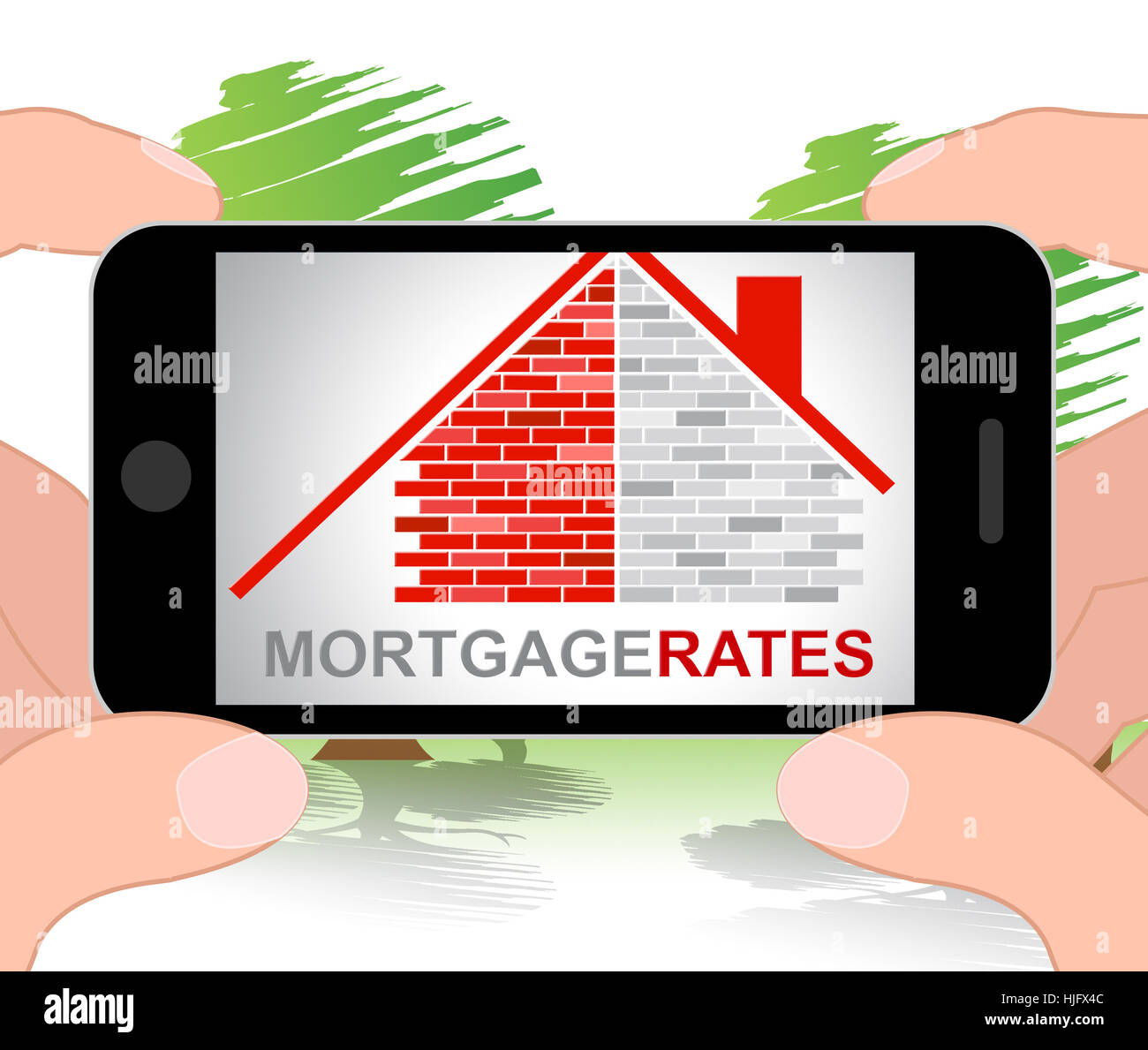 Les taux hypothécaires et prêts téléphone indiquant Home Immobilier 3d illustration Banque D'Images