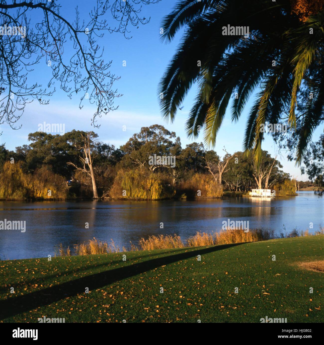 Tôt le matin et d'une péniche AMARRÉE SUR LA RIVIÈRE MURRAY À MILDURA EN VICTORIA, AUSTRALIE Banque D'Images