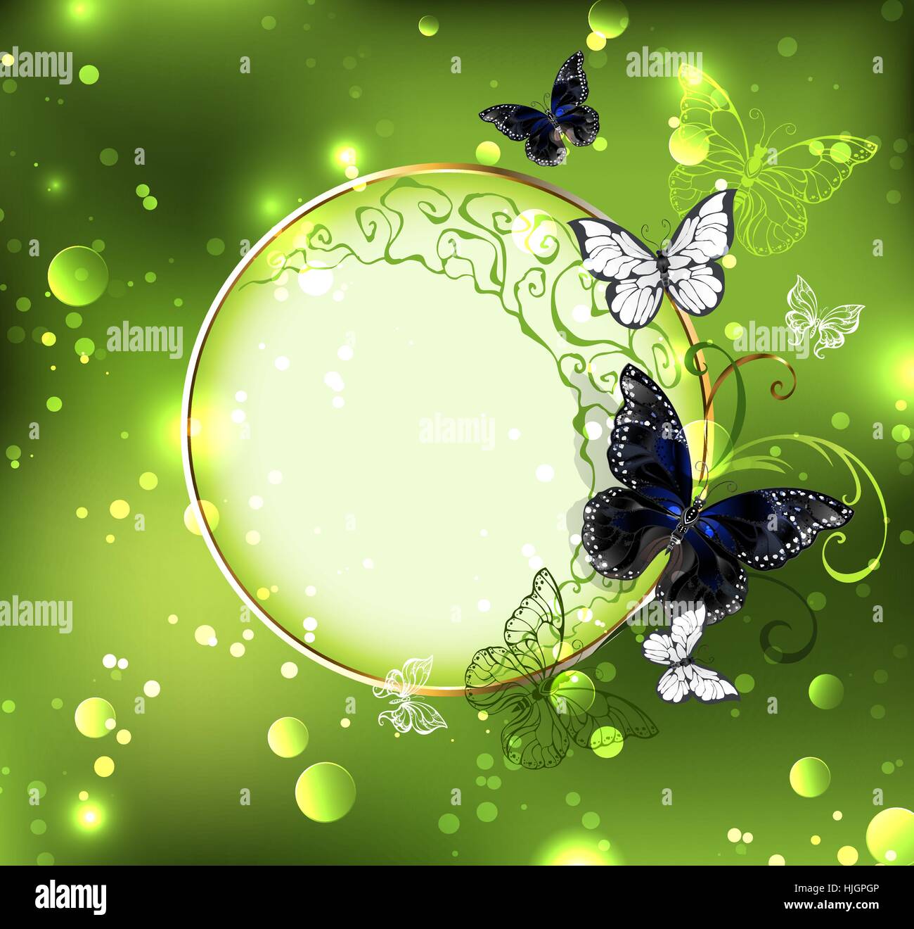 Bijoux ronde bannière avec les papillons noirs et blancs sur un fond d'herbe verte, brillante. Conception avec les papillons. La couleur à la mode. Illustration de Vecteur