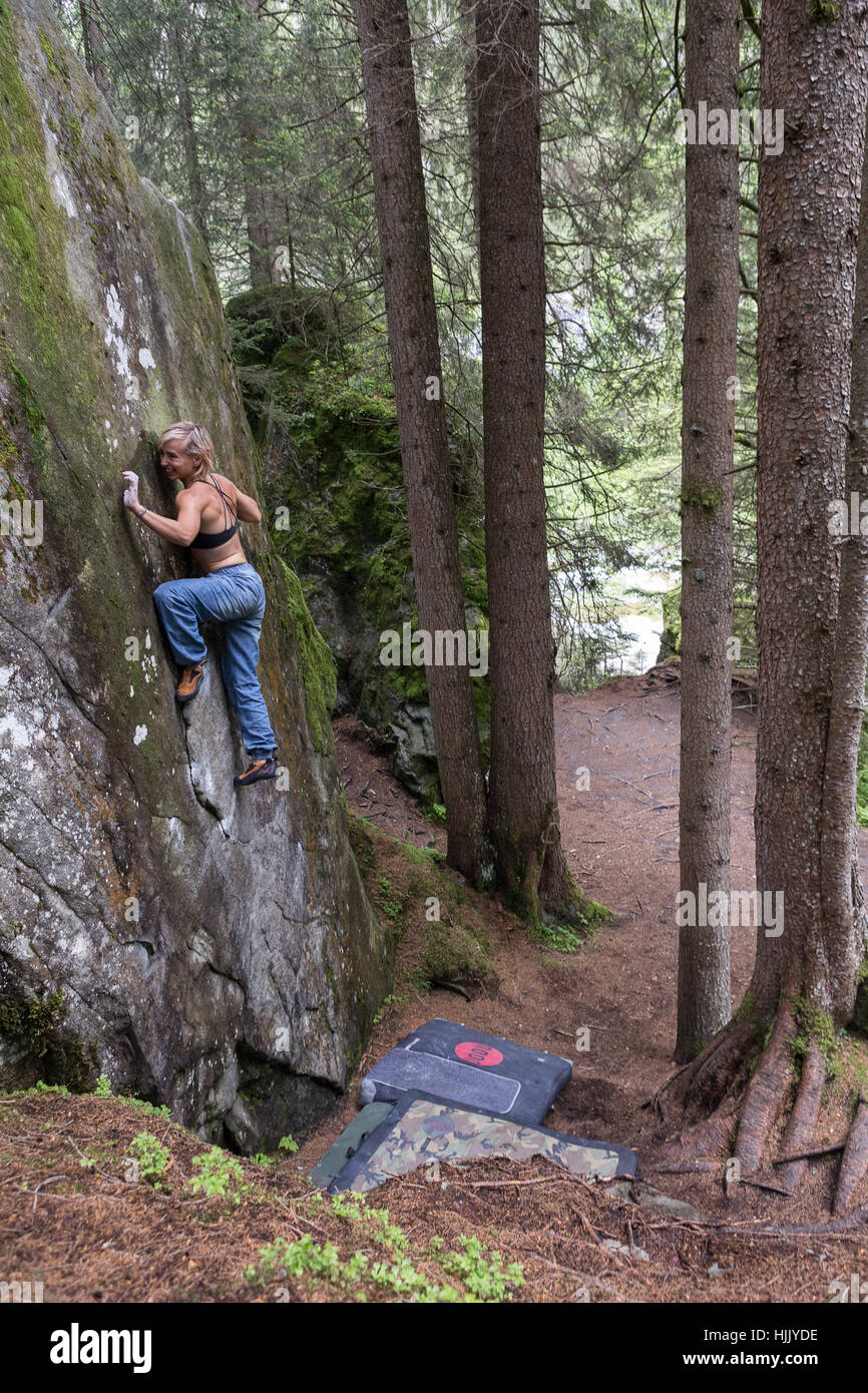Une femme d'un rocher d'escalade dans une forêt de pins. Une femme à l'extérieur. bloc grimpeur Banque D'Images