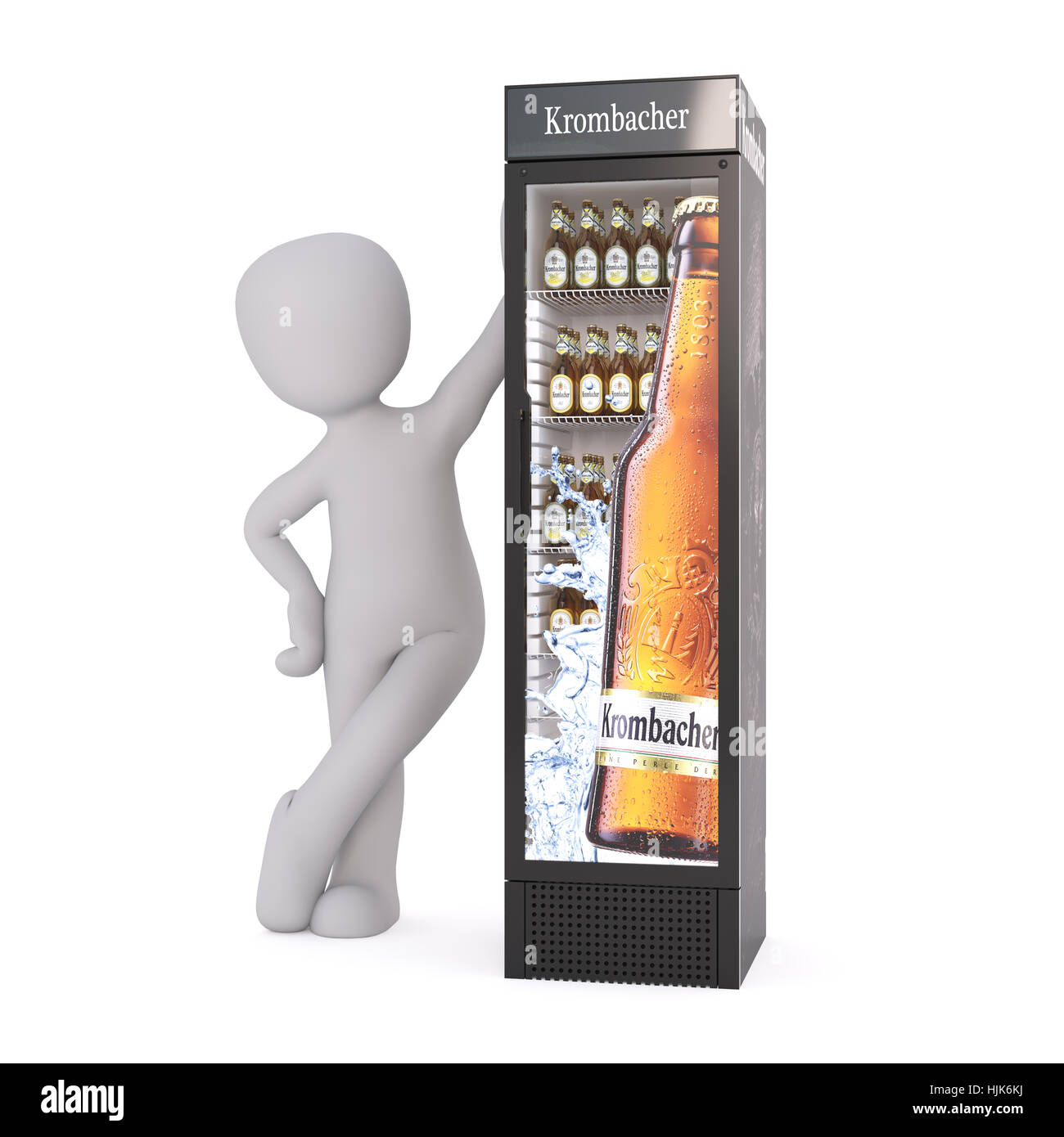 Le Rendu 3D de Personnage appuyé contre Slim glacière remplie de bouteille de bière Krombacher in front of White Background Banque D'Images