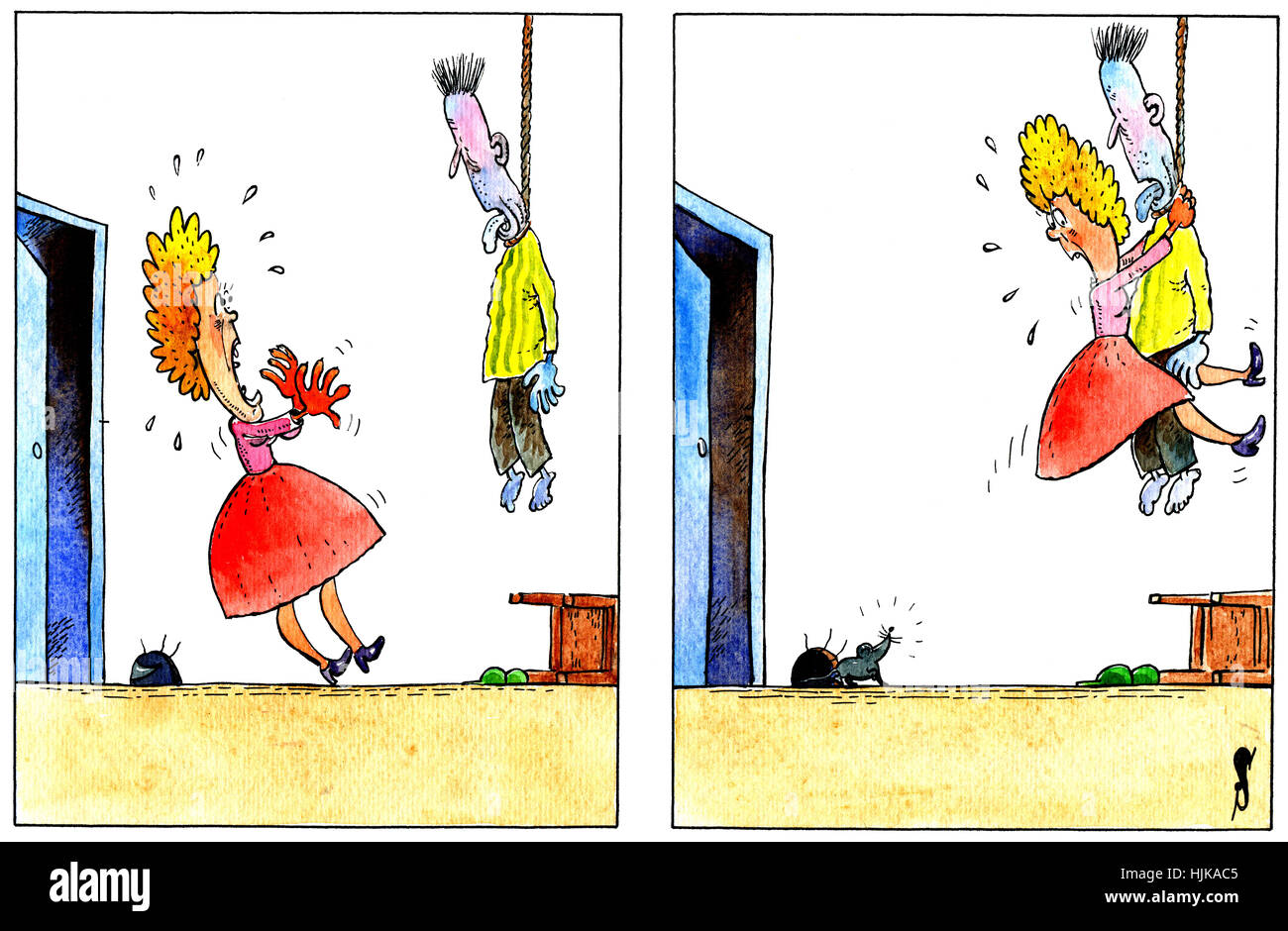 Femme peur de la souris plus de pendu Banque D'Images