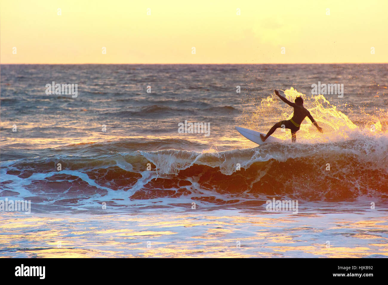 Surf surfer dans l'océan au coucher du soleil. L'île de Bali Banque D'Images