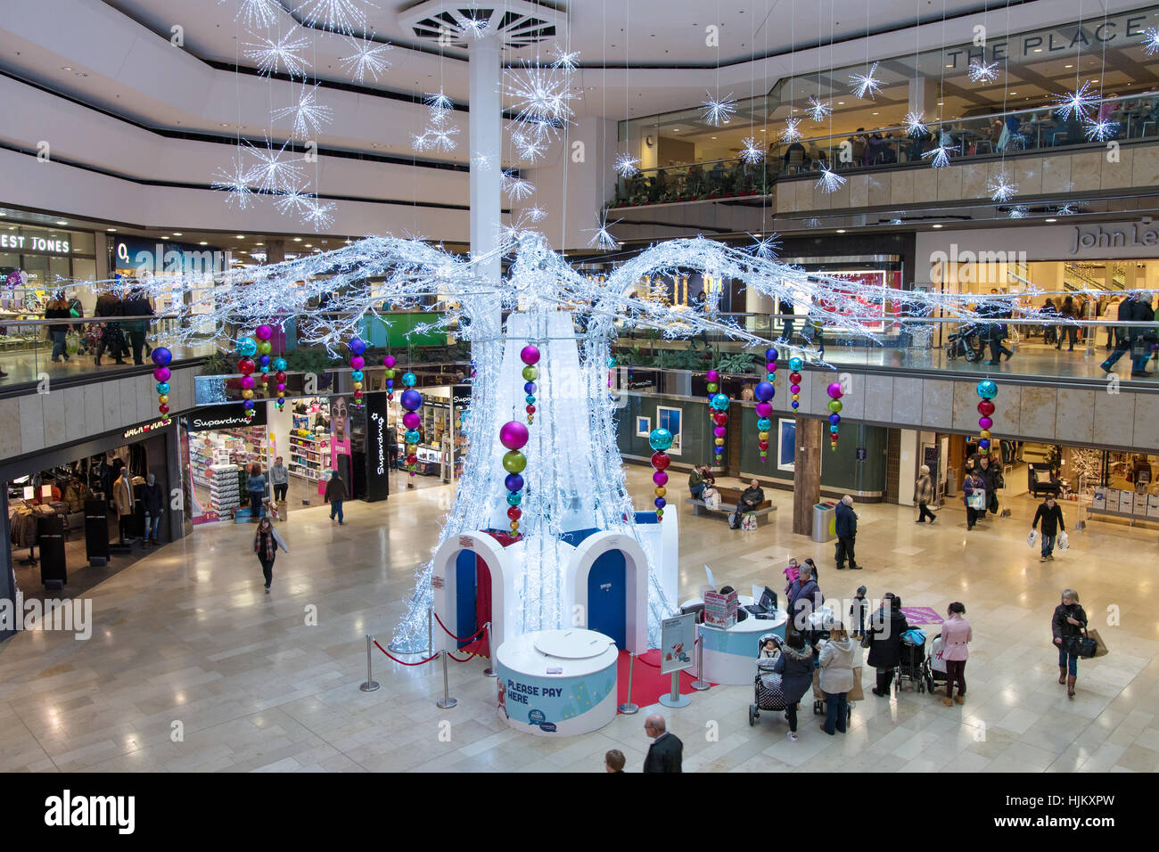 Décorations de Noël, le centre commercial Queensgate, Peterborough Banque D'Images