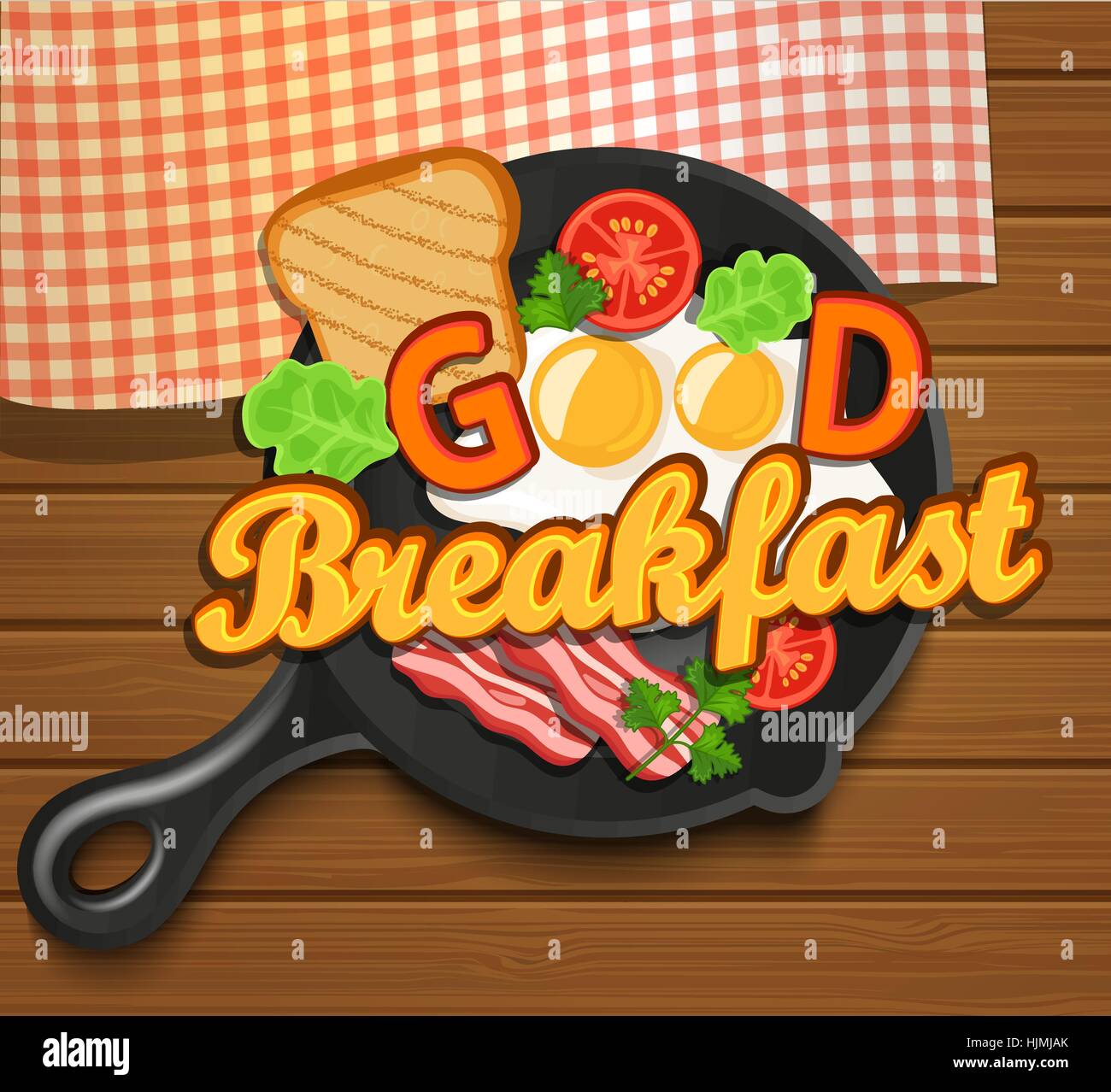 Petit-déjeuner anglais - œuf frit, tomates, du bacon et des toasts. Vue d'en haut. Bon petit déjeuner - lettrage, vector illustration. Illustration de Vecteur