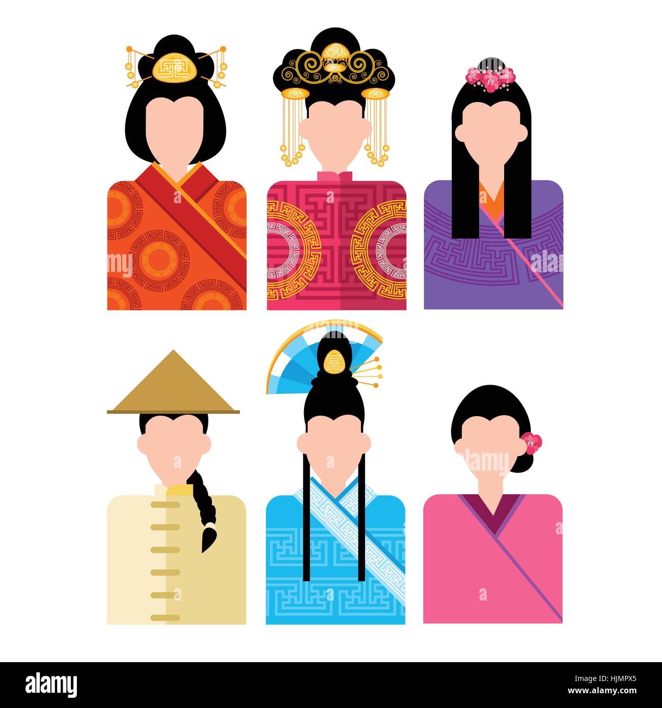 Femme asiatique, chinoise Femme Icon Set Profil Réseau social Illustration de Vecteur