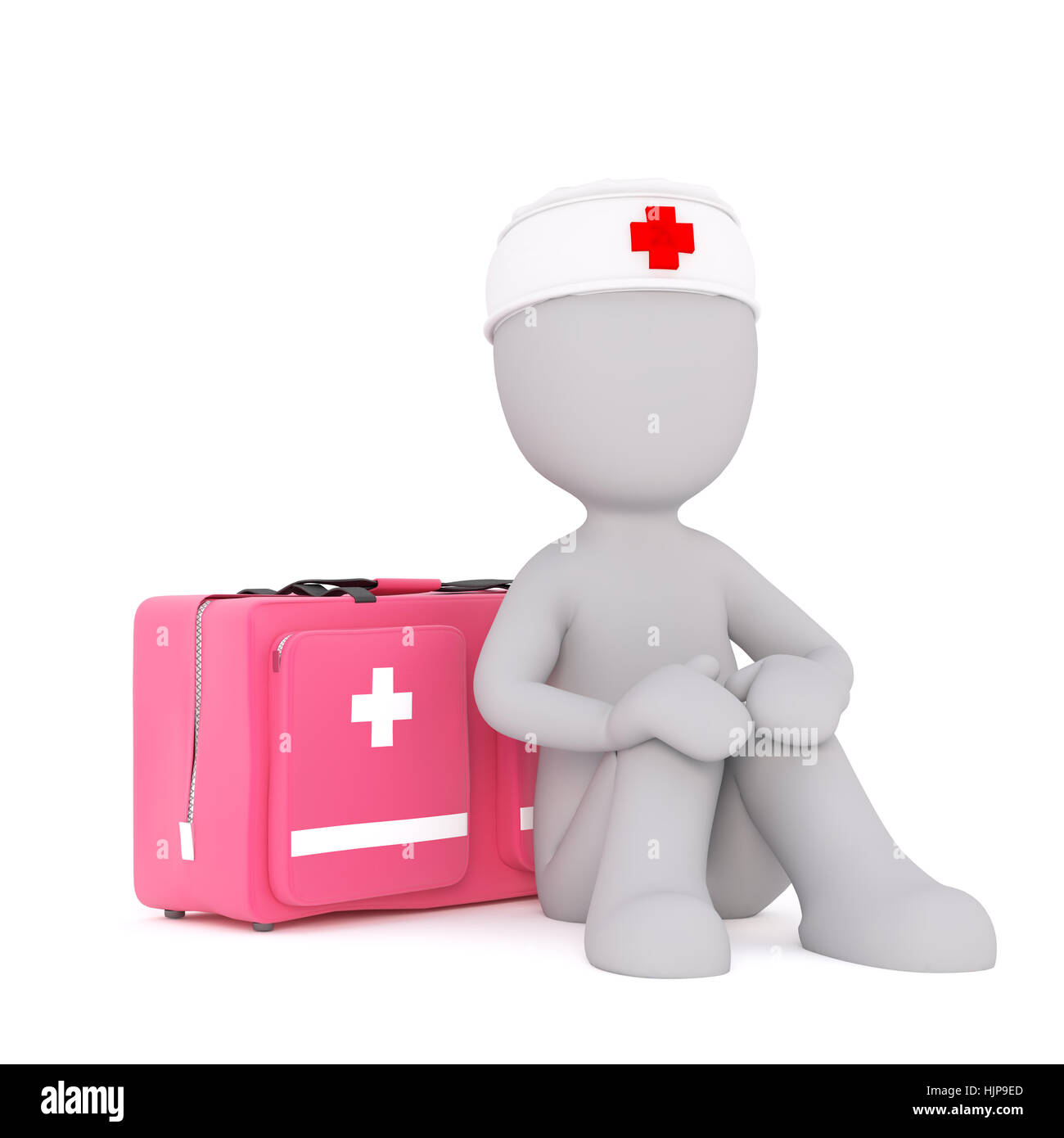 3d de l'infirmière ou du médecin avec une trousse de premiers soins médicaux dans une boîte d'attente assis sur le sol dans un concept de santé, rendu cartoon illustration on white Banque D'Images