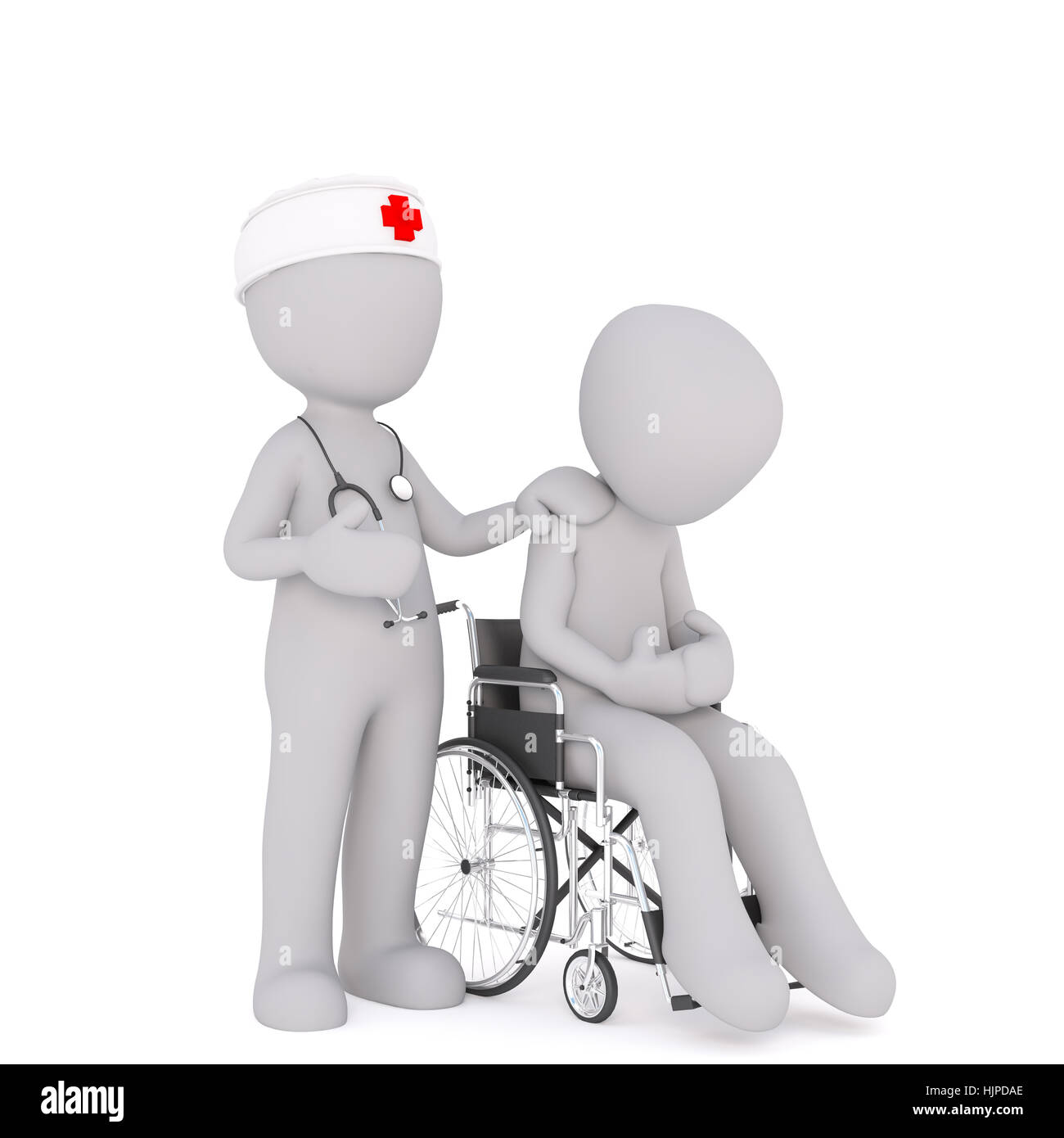 Infirmière avec croix rouge hat et stéthoscope avec mobilité 3d toon en fauteuil roulant, fond blanc Banque D'Images