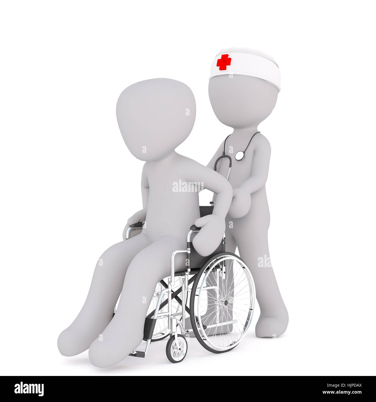 Toon 3d infirmière avec croix rouge hat and stethoscope pushing patient in wheelchair, fond blanc Banque D'Images