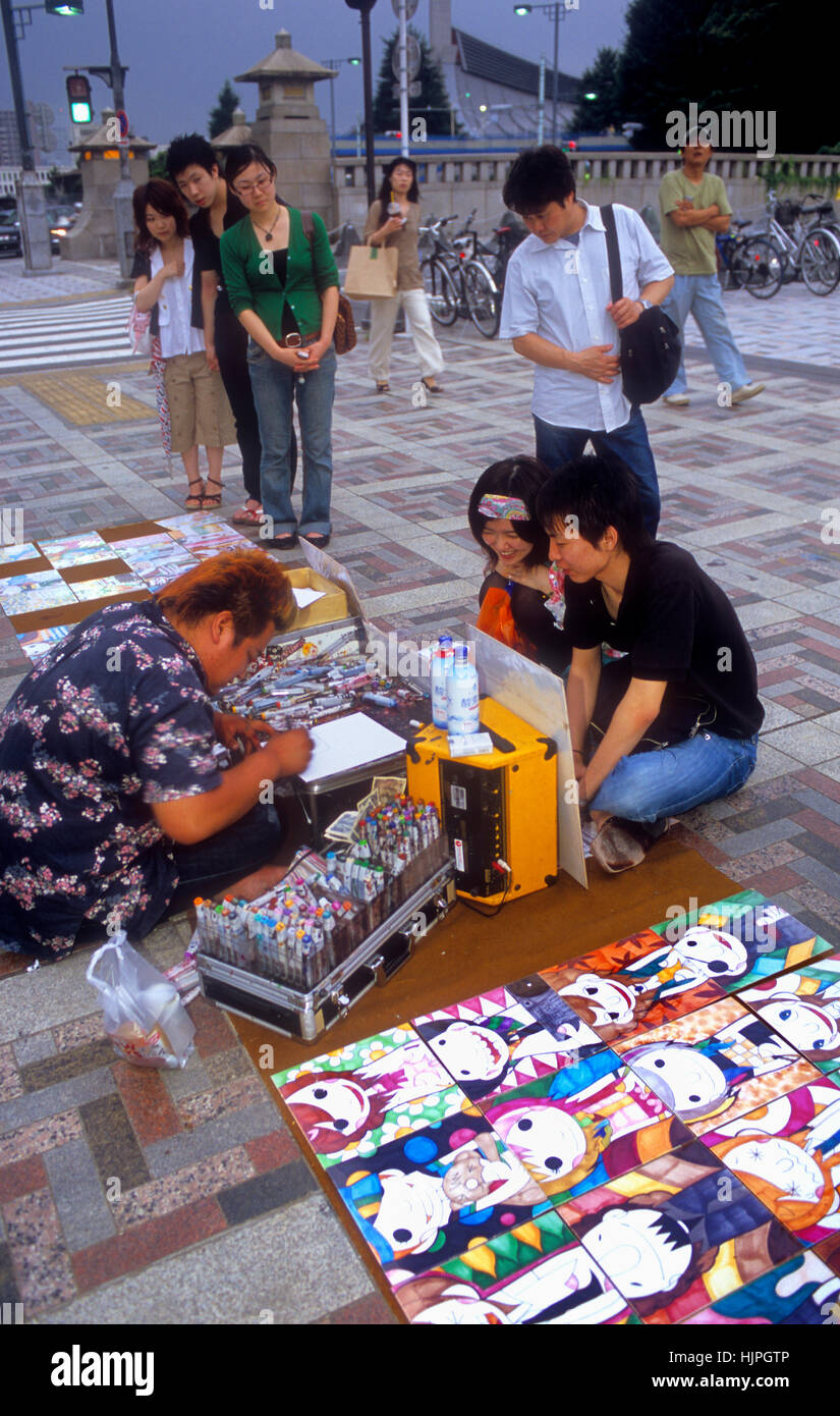 Artiste de rue, Rapporteur pour avis de cómic (manga). Harajuku, Tokyo, Japon, Asie Banque D'Images