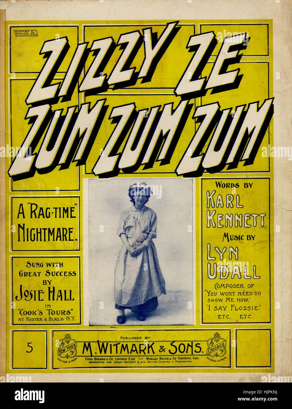 Image de couverture de partition de la chanson 'Zizzy Ze Zum Zum Zum A 'Rag-Time' Nightmare', avec des notes d'auteur originales lisant 'Words by Karl Kennett Music by Lyn Udall', États-Unis, 1898. L'éditeur est répertorié comme 'M. Witmark and sons', la forme de composition est 'strophique avec chœur', l'instrumentation est 'piano et voix', la première ligne dit 'A Happy Little Chappie at the club One day, n'avait rien à faire du tout', et l'artiste d'illustration est répertorié comme 'unattrib. Photo de Josie Hall'. Banque D'Images