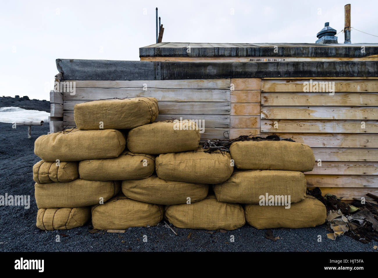 Bottes de foin pour nourrir les chevaux empilés contre le mur de l'explorateur de l'Antarctique Robert Falcon Scott's hut. Banque D'Images