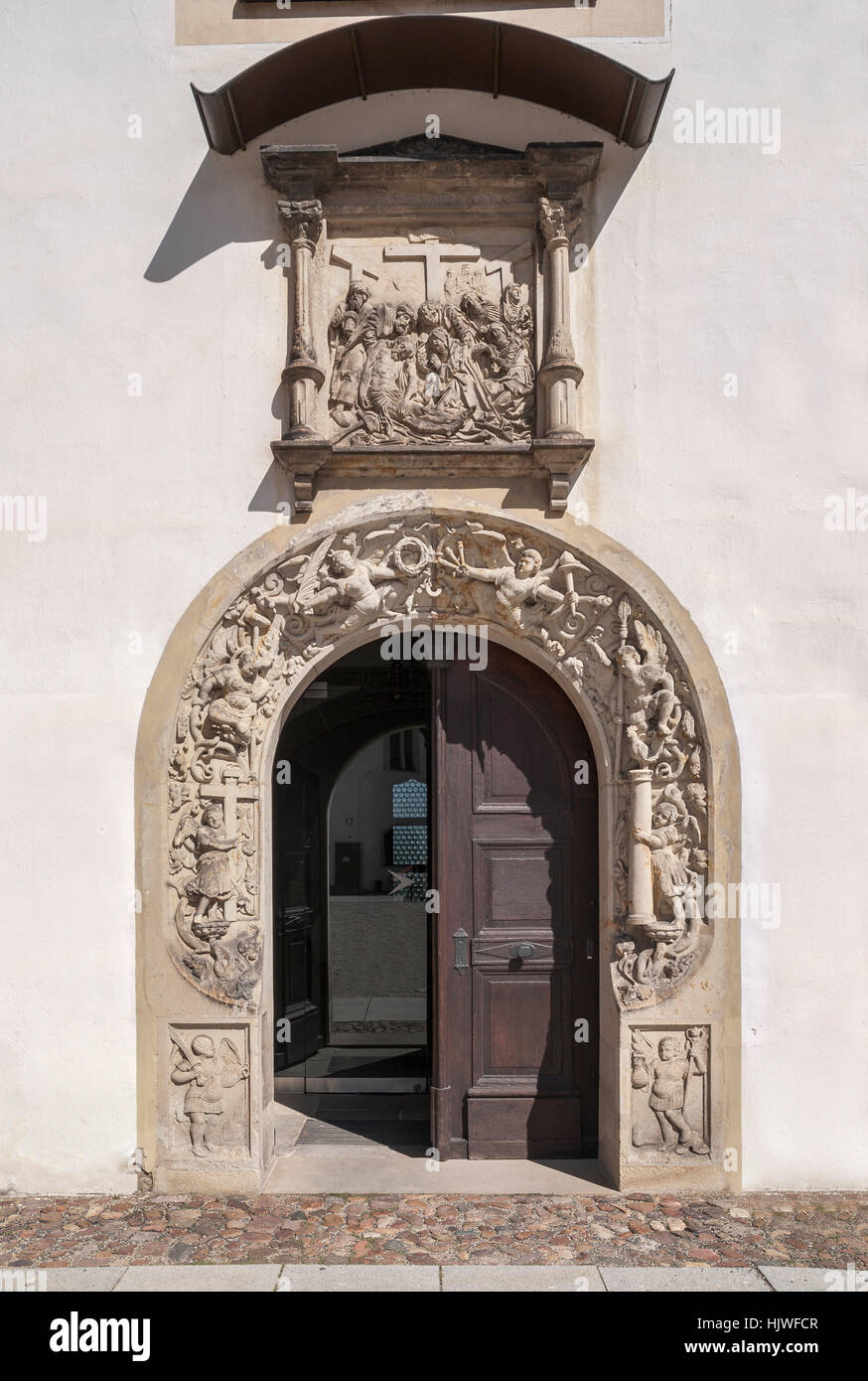 Portail de la chapelle, Martin Luther, l'église protestante, Torgau, Saxe, Allemagne Banque D'Images