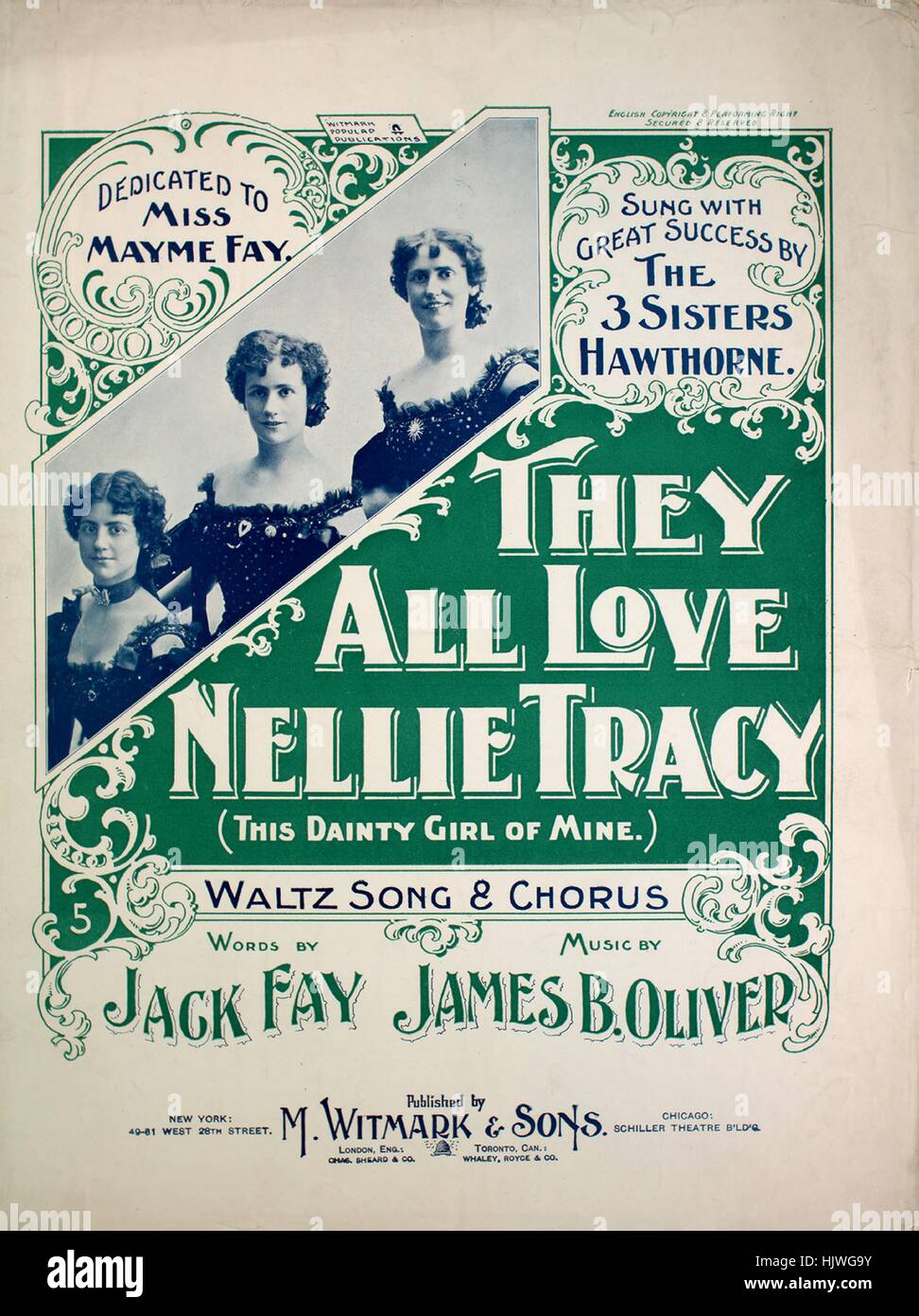 Sheet Music image de couverture de la chanson 'Ils tout amour Nellie Tracy (cette fille mignonne de mine) Chanson valse et Chorus', avec l'auteur original "Lecture notes Mots par Jack Fay Music par James B Oliver', United States, 1897. L'éditeur est répertorié comme 'M. Witmark et Fils, 51 West 28th St.', la forme de la composition est "avec chœur trophique', l'instrumentation est 'piano et voix", la première ligne se lit "je sais un peu dainty maid, elle vit juste l'o'er la voie", et l'illustration artiste est répertorié comme 'unattrib. photo Des 3 Soeurs Hawthorne'. Banque D'Images