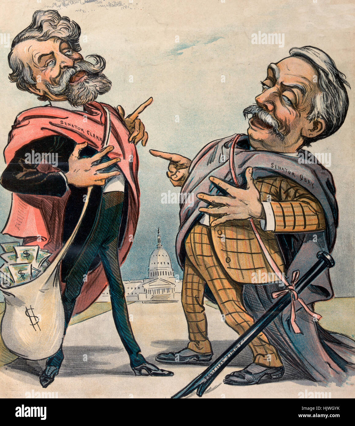 'Qu'ils ont fait toute une histoire à propos de nous !' Caricature politique montre deux hommes, 'Ssénateur Clark,' du Montana, sur la gauche avec un sac d'argent accroché à son côté, et 'Ssenateur Quay,' de Pennsylvanie, sur la droite avec une barre de fer marqués 'Jimmy 'politique'' accroché à ses côtés comme une épée ; Ils sont dirigés l'un vers l'autre et rire. La capitale américaine est dans l'arrière-plan. 1901 Banque D'Images