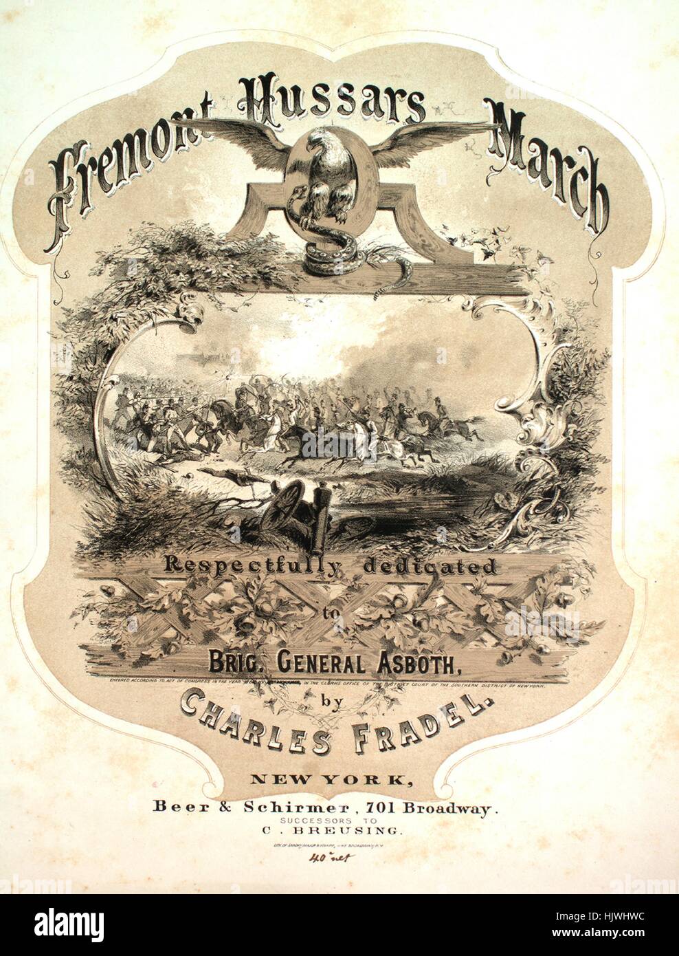 Sheet Music image de couverture de la chanson 'Fremont Hussars Mars', avec une œuvre originale à lire 'notes' par Charles Fradel, United States, 1862. L'éditeur est répertorié comme "bière et Schirmer, 701 Broadway', la forme de composition est 'sectional, avec trio', l'instrumentation est 'piano', la première ligne se lit 'Aucun', et l'illustration artiste est répertorié comme 'Lith. De Sarony, Major et Knapp, 449 Broadway, NEW YORK)'. Banque D'Images