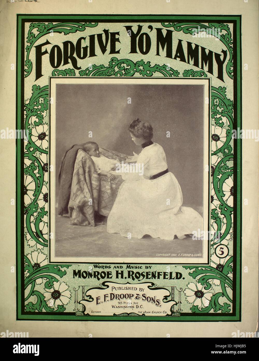 Sheet Music image de couverture de la chanson 'pardonner' Mammy Yo', avec l'auteur original "Lecture notes Paroles et musique d'Monroe H Rosenfeld', 1901. L'éditeur est répertorié comme "E.F. Droop et fils, 925, avenue Penna', la forme de la composition est "avec chœur trophique', l'instrumentation est 'piano et voix", la première ligne se lit "Dans un petit chalet du Sud où l'picaninnies croître', et l'illustration artiste est répertorié comme "photo Copyright 1901, E.F. Et statisme, fils d'une femme non identifiée et de l'enfant". Banque D'Images