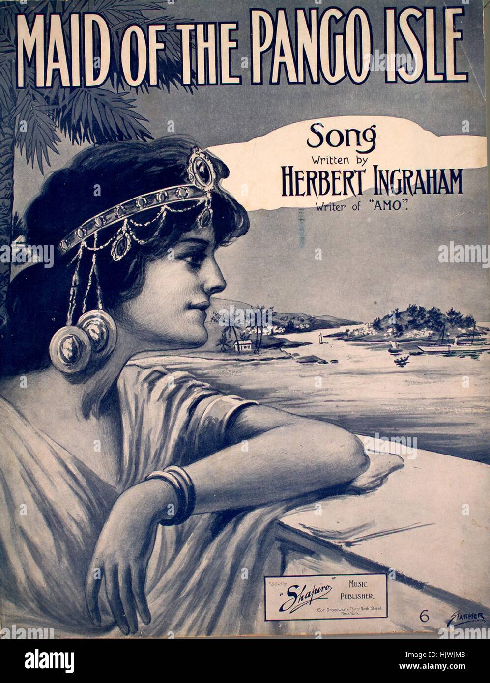 Sheet Music image de couverture de l'aide de la chanson 'MPango Isle Song', avec l'auteur original "Lecture notes Écrit par Herbert Ingraham', United States, 1910. L'éditeur est répertorié comme 'Shapiro les éditeurs de musique, Cor. Broadway et Thiry Neuvième Street", la forme de la composition est "avec chœur trophique', l'instrumentation est 'piano et voix", la première ligne se lit 'O'er l'océan à la fin de la journée, sur l'Île de Samoa, loin loin', et l'illustration artiste est répertorié comme "tarmer'. Banque D'Images