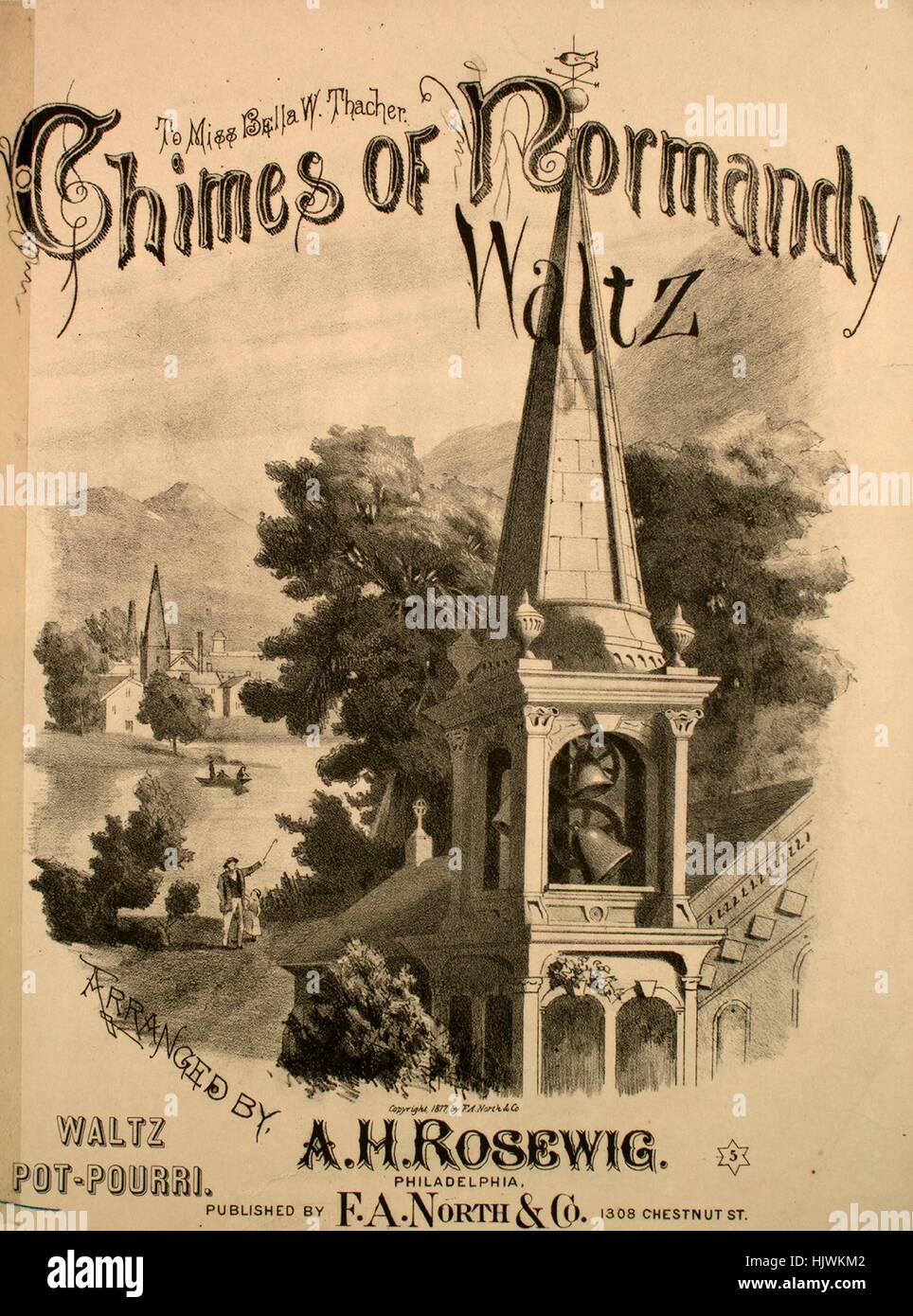 Sheet Music image de couverture de la chanson 'Cloches de Corneville Waltz'  pot-pourri, avec des notes d'auteur original 'lecture organisé par Rosewig  AH', United States, 1877. L'éditeur est répertorié comme "F.A. Nord