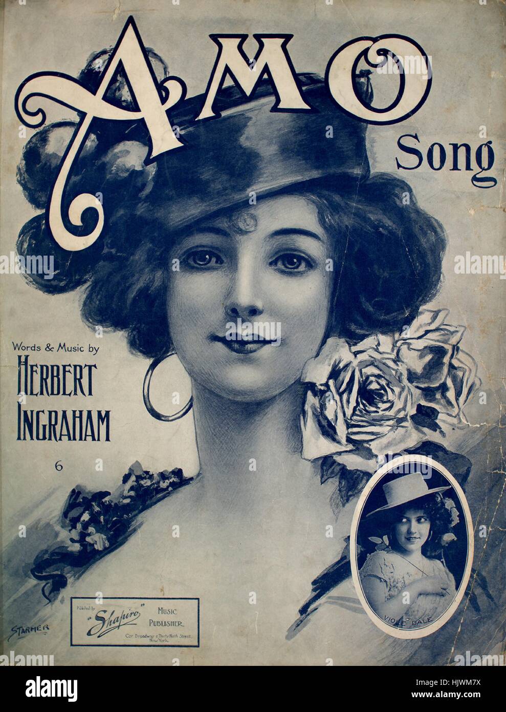Sheet Music image de couverture de la chanson 'Amo Song', avec l'auteur original "Lecture notes Paroles et musique d'Herbert Ingraham', United States, 1909. L'éditeur est répertorié comme 'Shapiro éditeur musical, Cor. Broadway et trente neuvième Street", la forme de la composition est "avec chœur trophique', l'instrumentation est 'piano et voix", la première ligne se lit "Dans le vieux Madrid vit une Senorita, avec des yeux comme des avions à réaction, et l'illustration artiste est répertorié comme unattrib «tarmer ;. photo de Viole Dale'. Banque D'Images