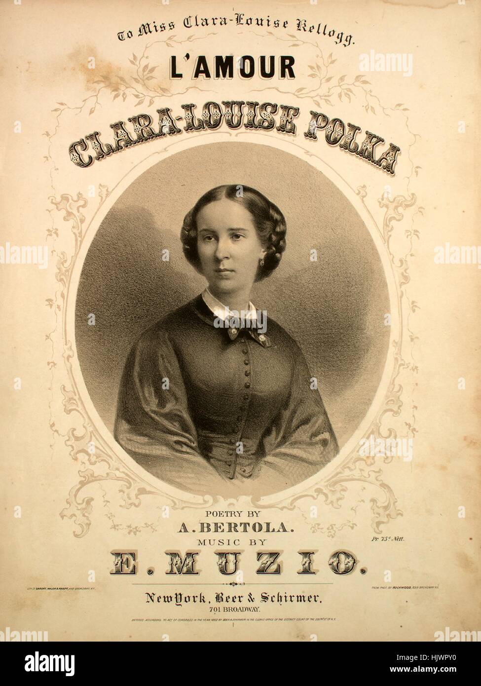 Sheet Music image de couverture de la chanson 'L'Amour Clara-Louise Polka', avec une œuvre originale 'Lecture notes Poèmes par une musique par Bertola E Muzio', United States, 1862. L'éditeur est répertorié comme "bière et Schirmer, 701 Broadway', la forme de la composition est 'couvrir uniquement, pas de musique', l'instrumentation est '[piano et voix ?]', la première ligne se lit 'Aucun', et l'illustration artiste est répertorié comme 'Lith. De Sarony, Major et Knapp, 449 Broadway, New York) ; à partir de Phot. par Rockwood, 839 Broadway, NEW YORK)'. Banque D'Images