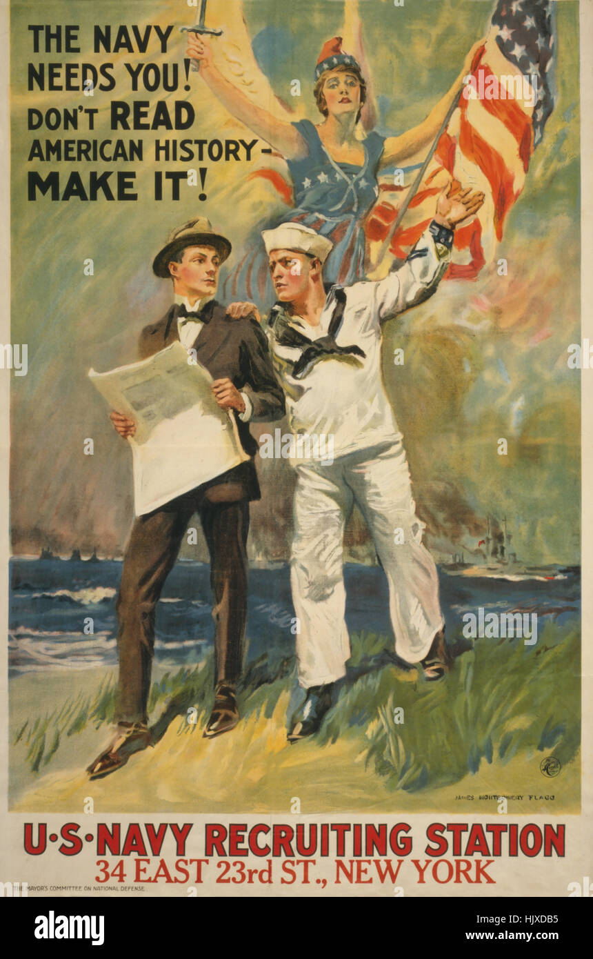 La Première Guerre mondiale affiche de recrutement, 'La Marine a besoin de vous ! Ne lisez pas l'histoire américaine, faire !', par James Montgomery Flagg, USA, 1917 Banque D'Images