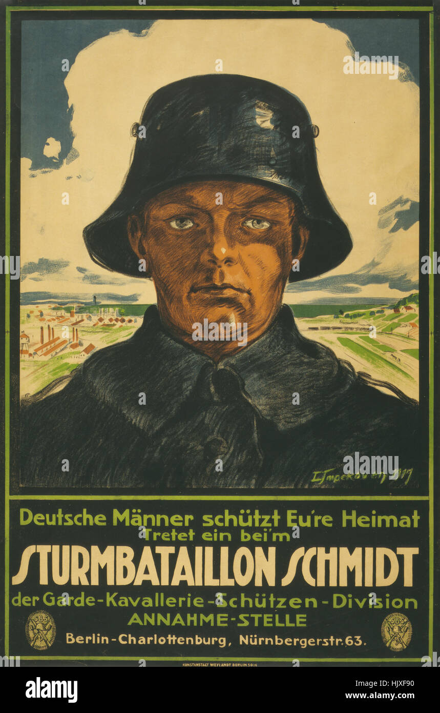 Portrait de soldat, encourageant les hommes allemands pour protéger les pays et s'engager dans bataillon tempête Schmidt, la Première Guerre mondiale, l'Allemagne, de l'Affiche de recrutement 1917 Banque D'Images
