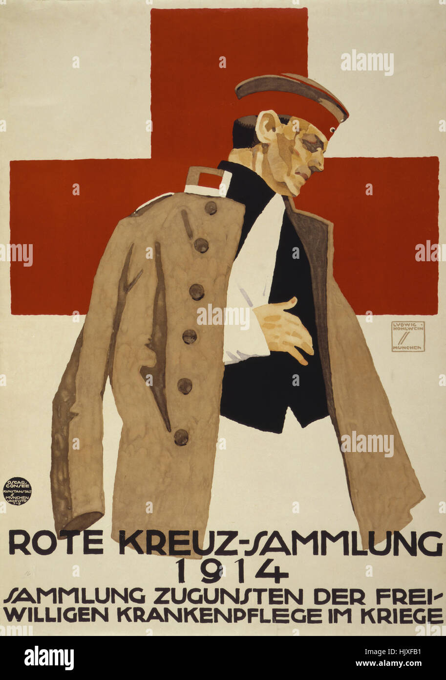 Soldat allemand blessé contre Grand Croix Rouge, la Première Guerre mondiale, l'affiche de la Croix Rouge, l'Allemagne, 1914 Banque D'Images