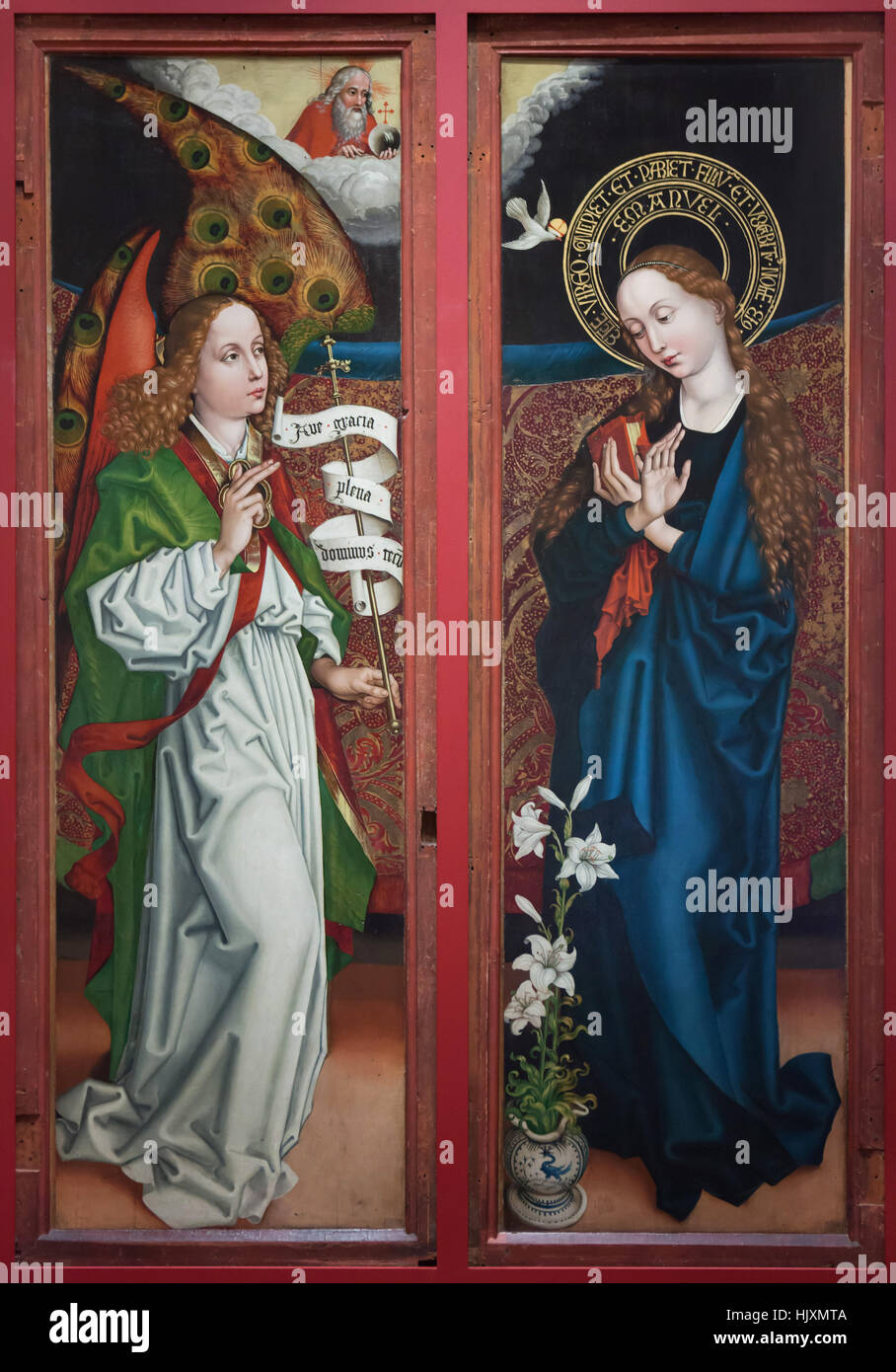 De l'Annonciation. Détail du retable de Jean d'Orlier (1470-1475) par Martin Schongauer peintre de la Renaissance allemande sur l'affichage dans le musée d'Unterlinden (Musée Unterlinden) à Colmar, Alsace, France. Banque D'Images