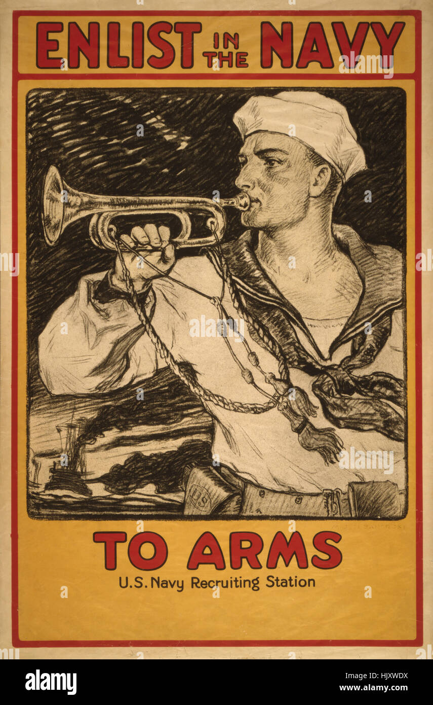 Marin jouant Bugle, "s'enrôler dans la marine", la Première Guerre mondiale affiche de recrutement, par Milton Herbert Bancroft, USA, 1917 Banque D'Images