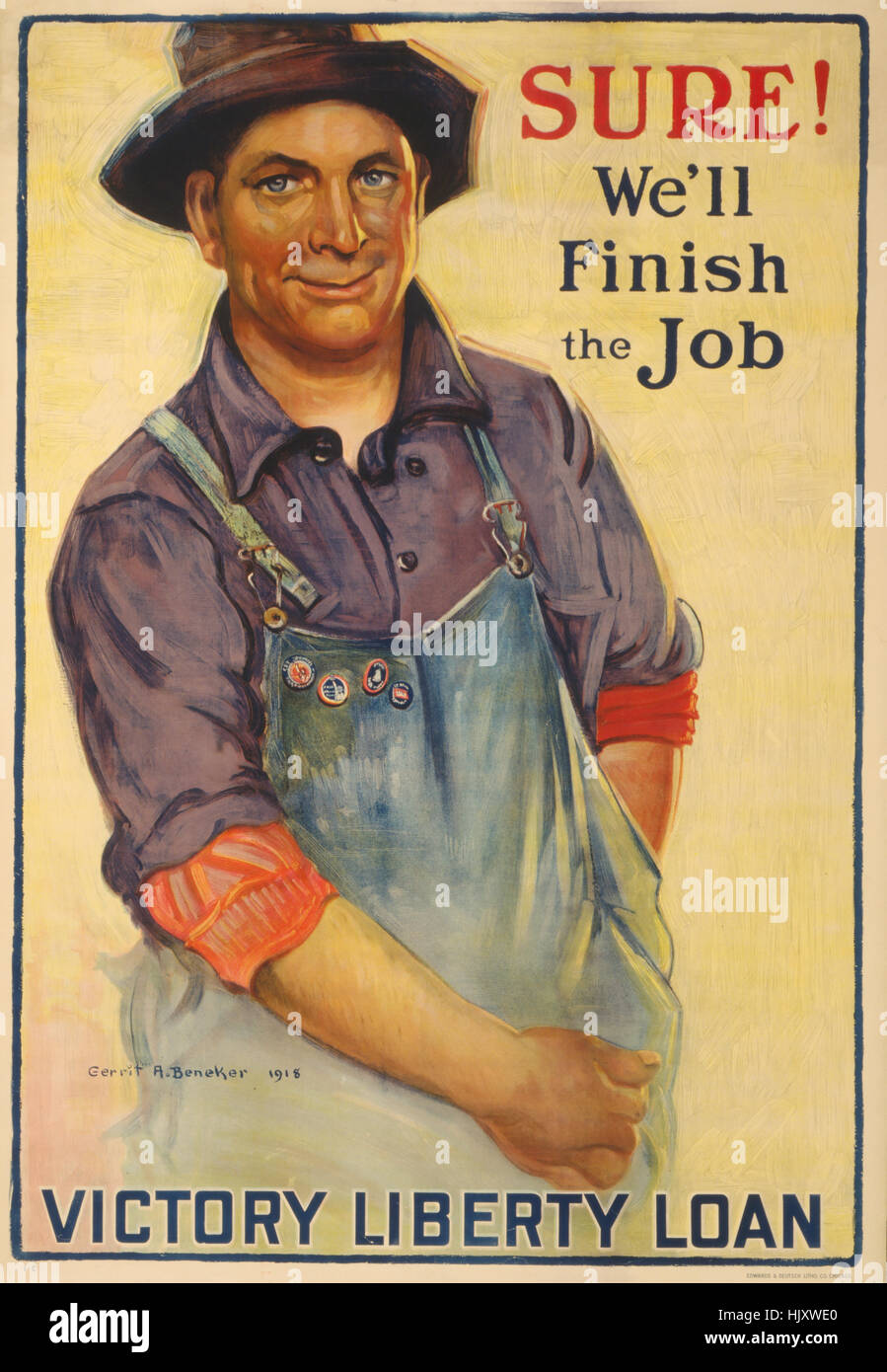 Pour atteindre l'homme dans son bleu de poche, 'Sure !, nous allons terminer le travail !, Victory Liberté Prêt", la Première Guerre mondiale, l'affiche par Gerrit A. Beneker, USA, 1918 Banque D'Images