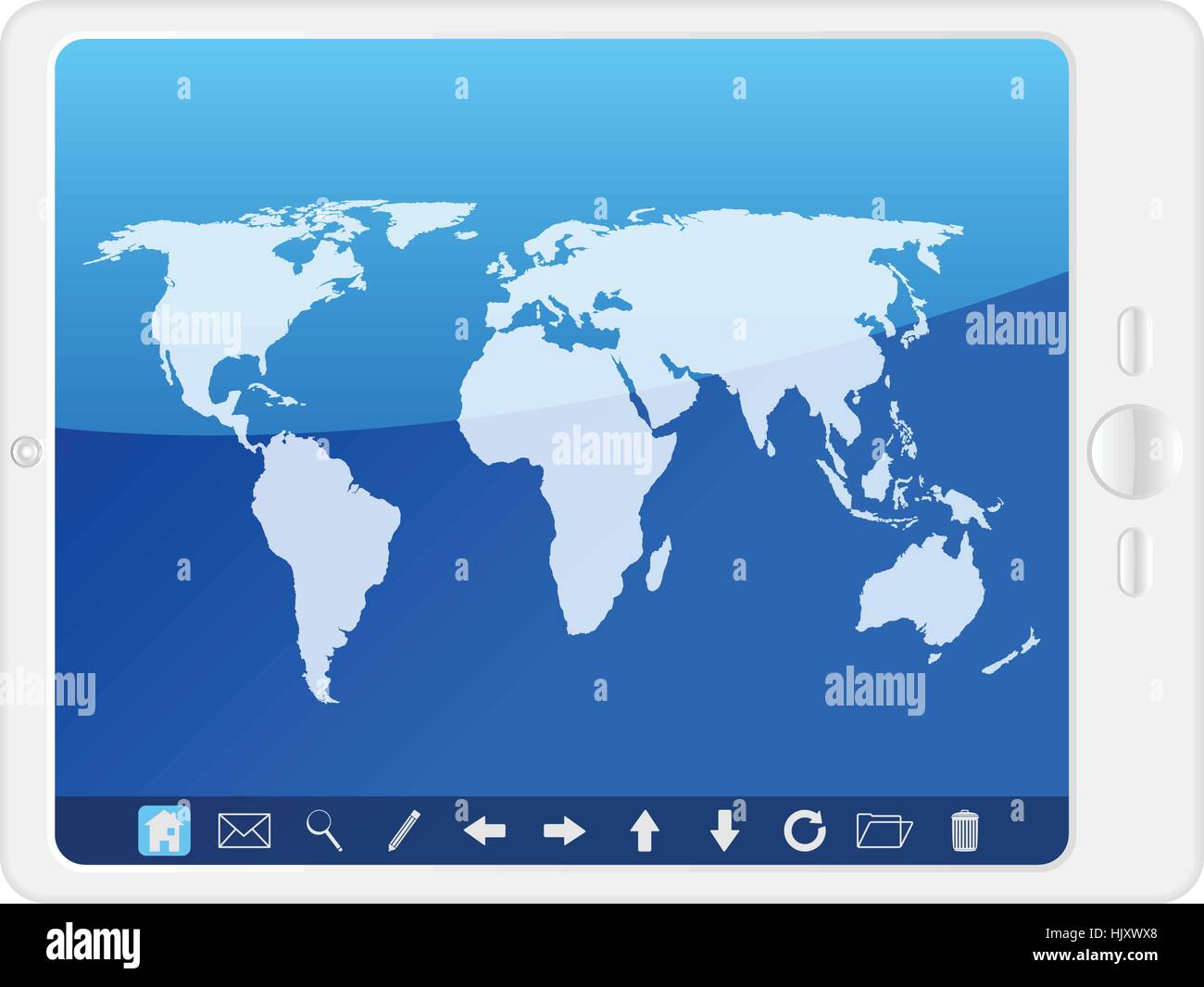 Ordinateur tablette avec carte du monde sur un fond blanc. Vector illustration. Illustration de Vecteur