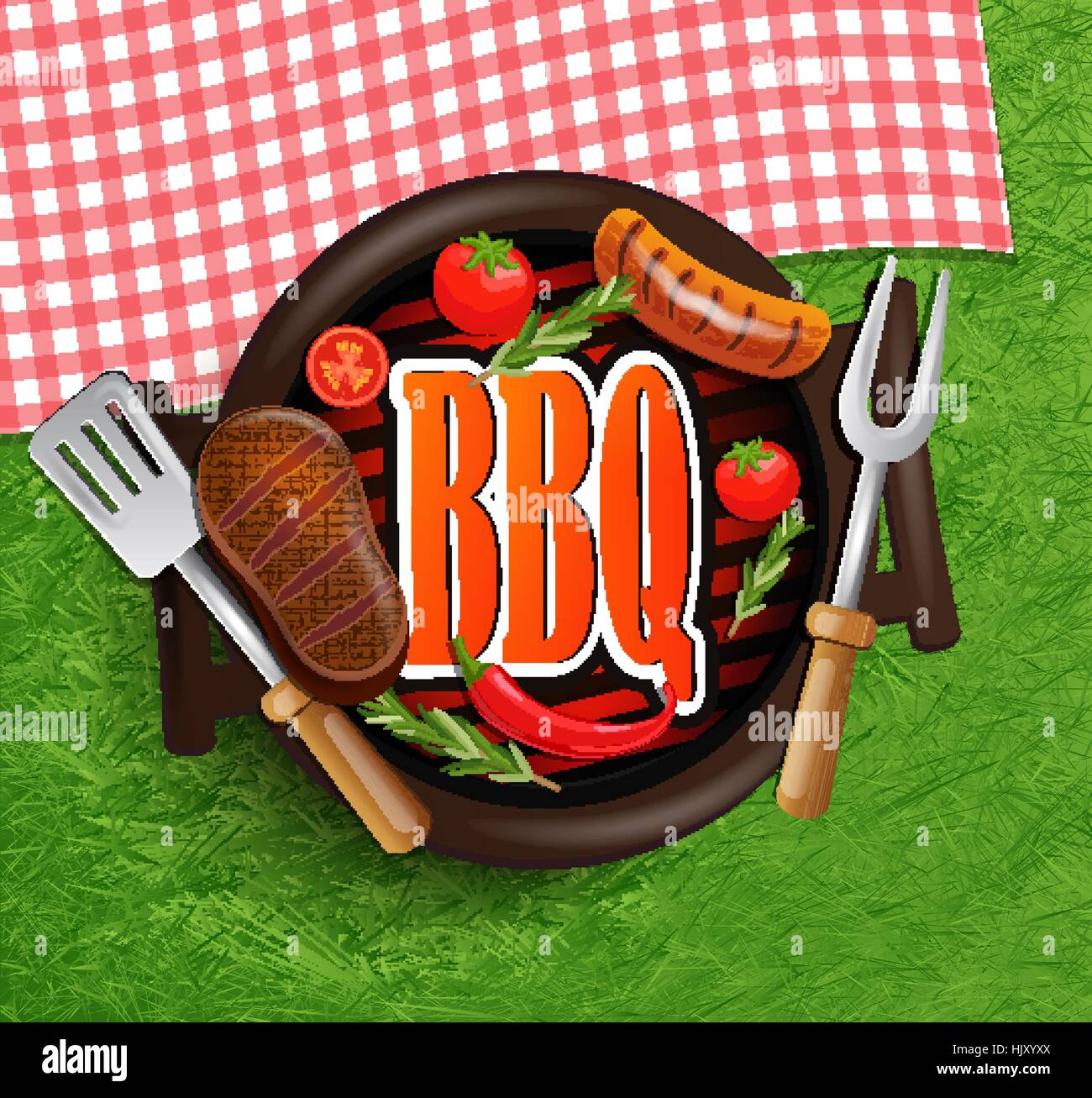 Barbecue - éléments de conception typographique Étiquette ou Sticer sur le fond d'herbe verte et rouge en nappes rustique et de carrés blancs. Illustration de Vecteur