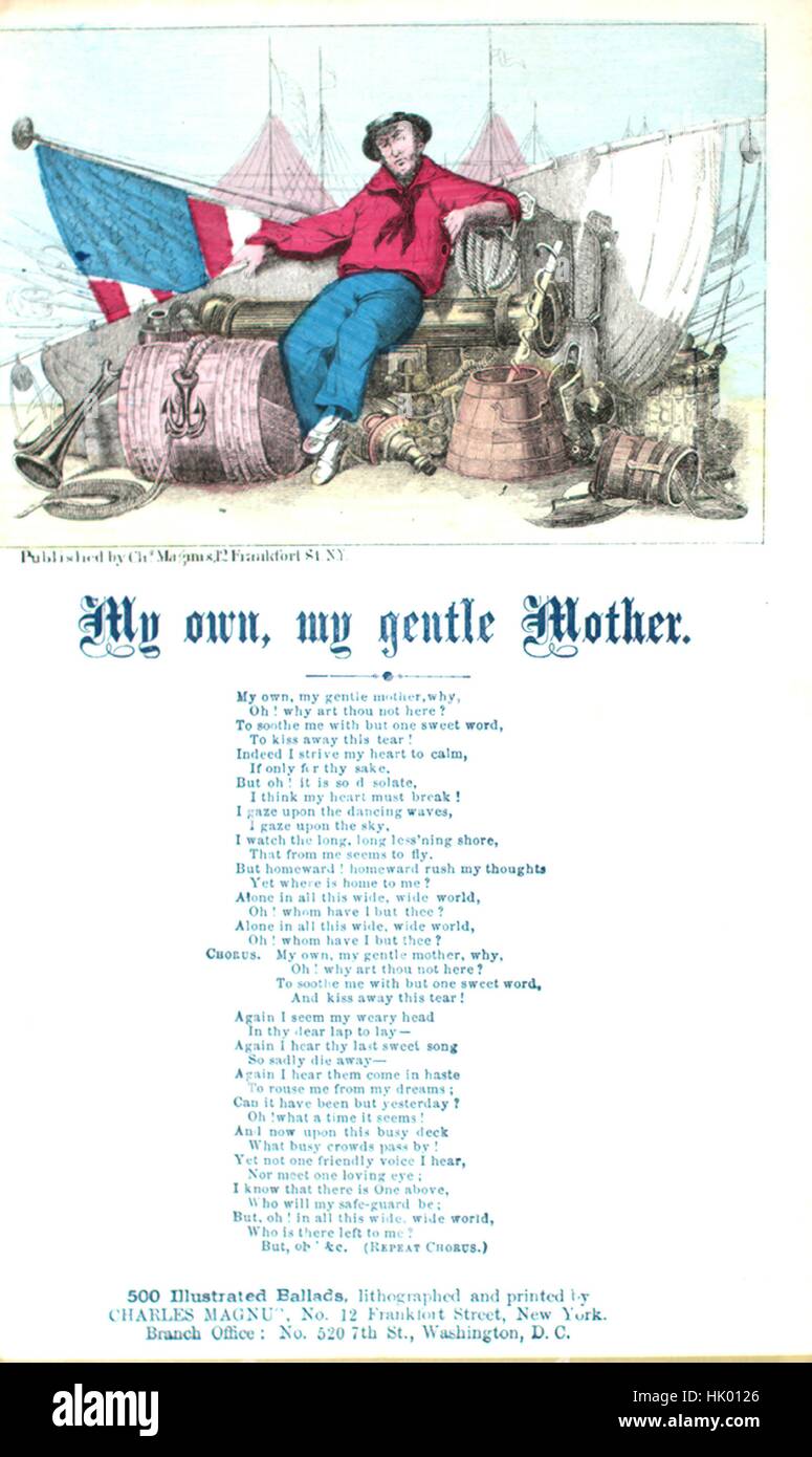 Sheet Music image de couverture de la chanson 'chant ma propre feuille, ma douce mère', avec une œuvre originale lecture notes 'na', United States, 1900. L'éditeur est répertorié comme "Charles Magnus, n° 12, rue de Francfort", la forme de la composition est "avec chœur trophique', l'instrumentation est 'na', la première ligne se lit 'Mon propre, ma douce Mère, pourquoi, oh ! Pourquoi es-tu pas ici ?", et l'illustration artiste est répertorié comme 'Aucun'. Banque D'Images