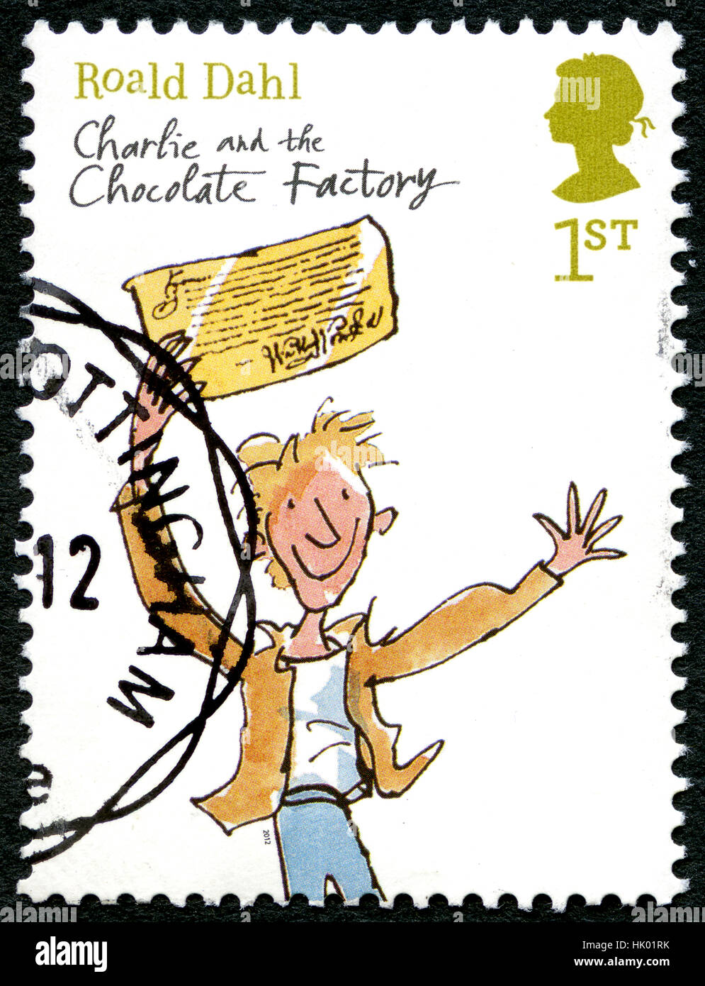 Grande-bretagne - circa 2012 : un timbre-poste utilisé à partir du Royaume-Uni, commémorant le roman pour enfants Charlie et la Chocolaterie par Roald Dahl, vers Banque D'Images