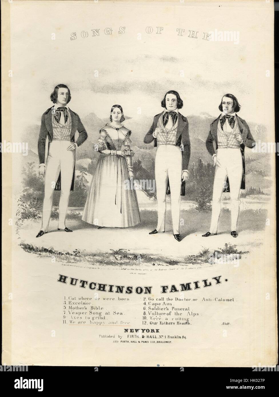 Image de couverture partitions de la chanson 'Songs de la famille Hutchinson Nous sommes heureux et libre", avec les notes de l'auteur original "lecture organisé à partir d'une mélodie Alpine populaires par James B Taylor', United States, 1843. L'éditeur est répertorié comme 'Firth et Hall, No1 Franklin Sq.', la forme de la composition est "avec chœur trophique', l'instrumentation est 'piano et voix (solo et trio)', la première ligne se lit comme suit : "Nous sommes heureux et libre comme un équipage peut être alors que notre écorce est l'o'er à la mer', et l'illustration artiste est répertorié comme 'Lith. d'Endicott'. Banque D'Images