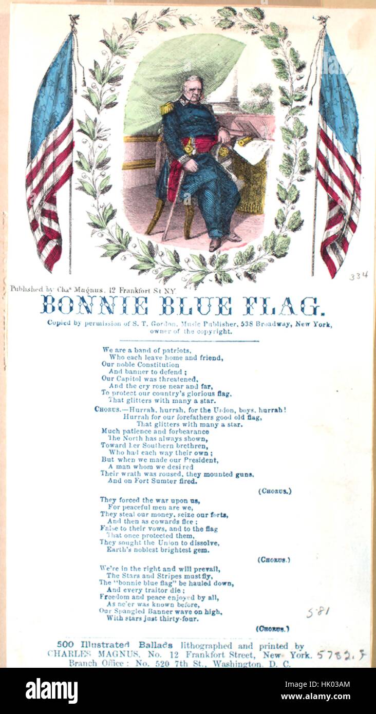 Sheet Music image de couverture de la chanson 'chant Sheet Bonnie Blue Flag", avec les notes de l'auteur original à lire 'na', United States, 1900. L'éditeur est répertorié comme "Charles Magnus, 12 rue de Francfort", la forme de la composition est "avec chœur trophique', l'instrumentation est 'na', la première ligne se lit comme suit : "Nous sommes un groupe de patriotes, qui ont chacun de quitter la maison et ami', et l'illustration artiste est répertorié comme 'Aucun'. Banque D'Images