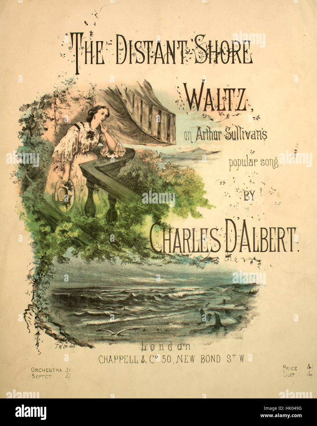 Sheet Music image de couverture de la chanson 'la rive lointaine Waltz sur Arthur Sullivan's chanson populaire Suites de valses', avec l'auteur original "Lecture notes par Charles D'Albert', Royaume-Uni, 1900. L'éditeur est répertorié comme "Chappell et Co., 50 nouveaux Bond St. W.', la forme de la composition est "l'introduction, sept valses en coupe, et de finale', l'instrumentation est 'piano', la première ligne se lit 'Aucun', et l'illustration artiste est répertorié comme "J. W. Lee del.". Banque D'Images
