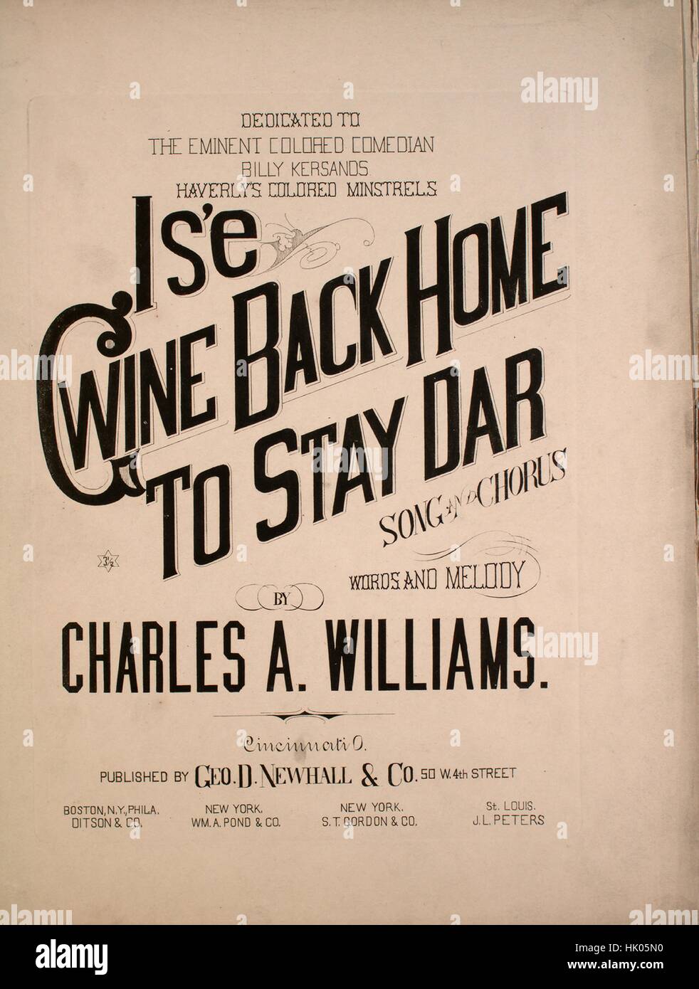 Sheet Music image de couverture de la chanson 'I'se Gwine Retour à l'Accueil Séjour à Dar Chanson et Chorus', avec l'auteur original "Lecture notes paroles et mélodie par Charles Williams', United States, 1881. L'éditeur est répertorié comme "Geo. D. Newhall et Co., 50, 4e Rue Ouest', la forme de la composition est "avec chœur trophique', l'instrumentation est 'piano et voix (Solo et Choeur satb)', la première ligne est la suivante : "Ne me dites peu chillen' bout de norfern clime', et l'illustration artiste est répertorié comme 'Aucun'. Banque D'Images