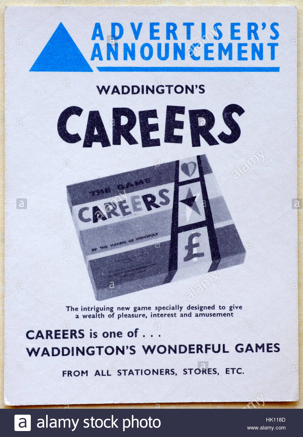 Waddington Carrières conseil publicitaire, jeu datant de la fin des années 1950 Banque D'Images