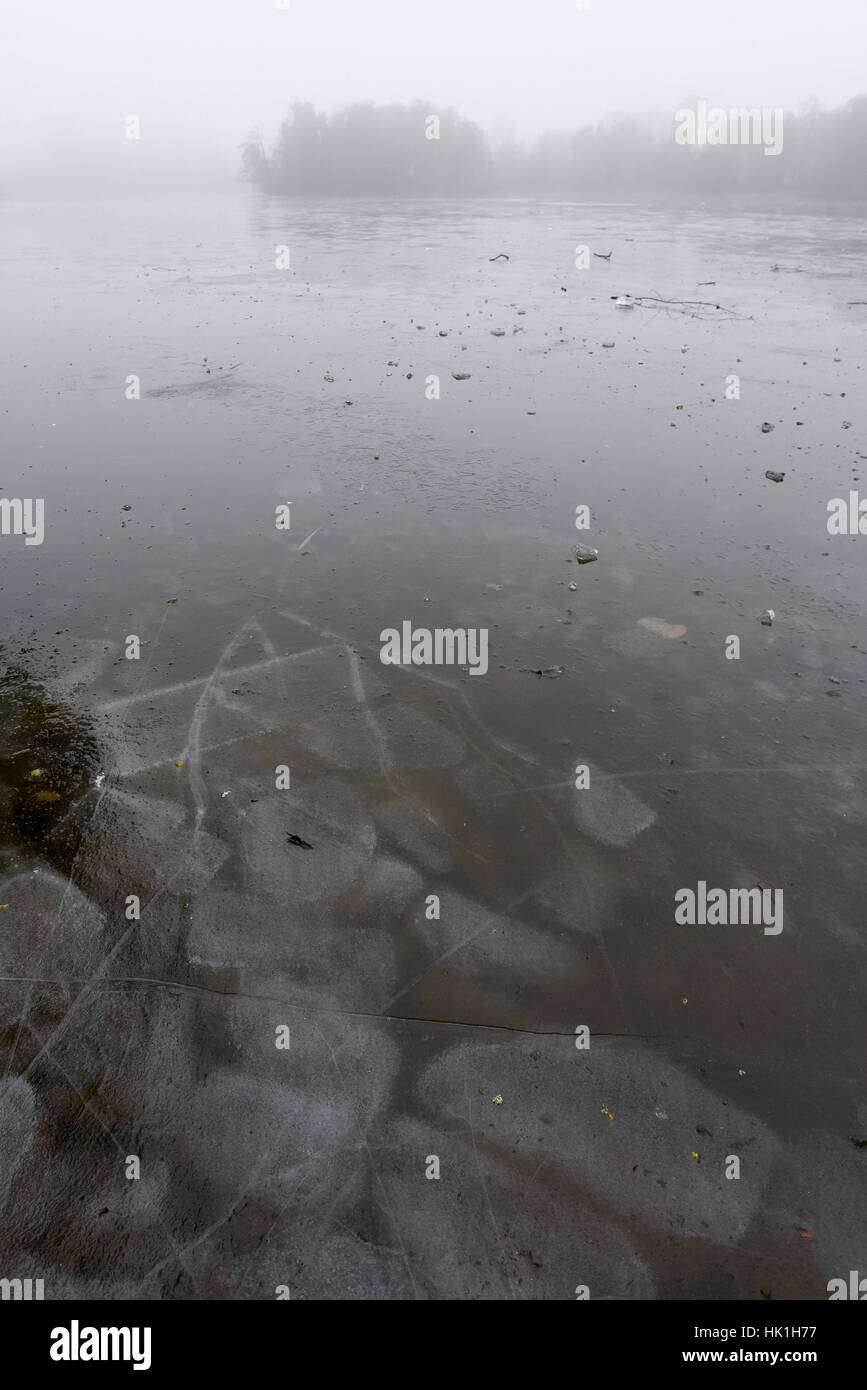 Londres, Royaume-Uni. 25 janvier 2017. Un lac couvert de glace est considérée comme d'épaisseur du brouillard givrant persiste au cours de l'après-midi, réduisant la visibilité à Rickmansworth Aquadrome, au nord-ouest de Londres. © Stephen Chung / Alamy Live News Banque D'Images