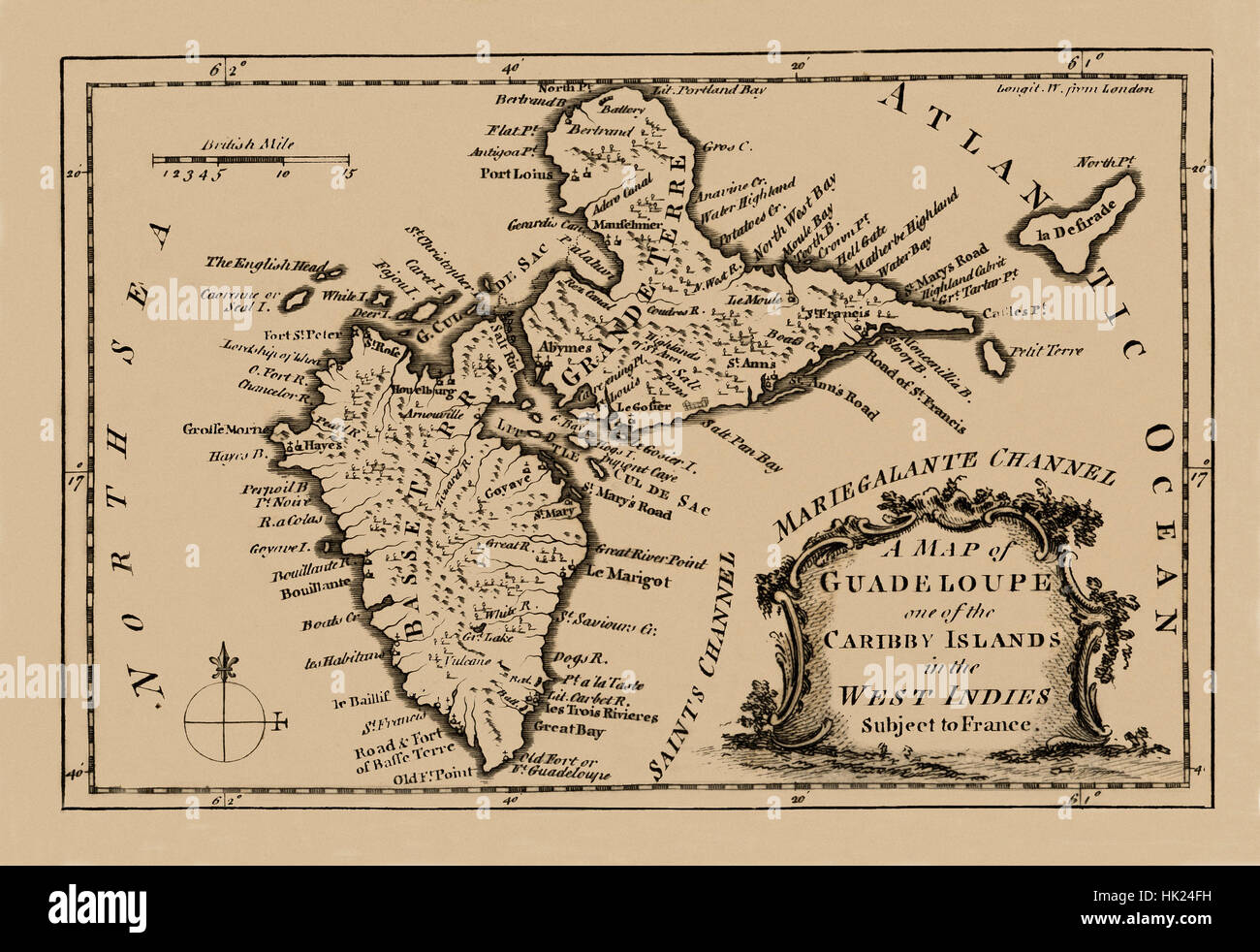 La carte de la Guadeloupe 1759 Banque D'Images