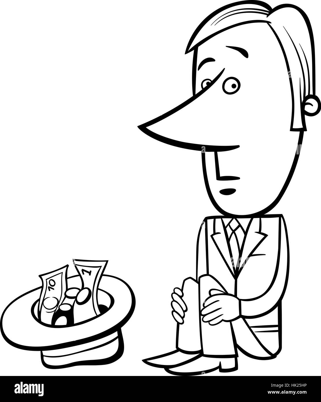 Concept Cartoon noir et blanc Illustration de Businessman mendiant avec les dons en Hat Illustration de Vecteur