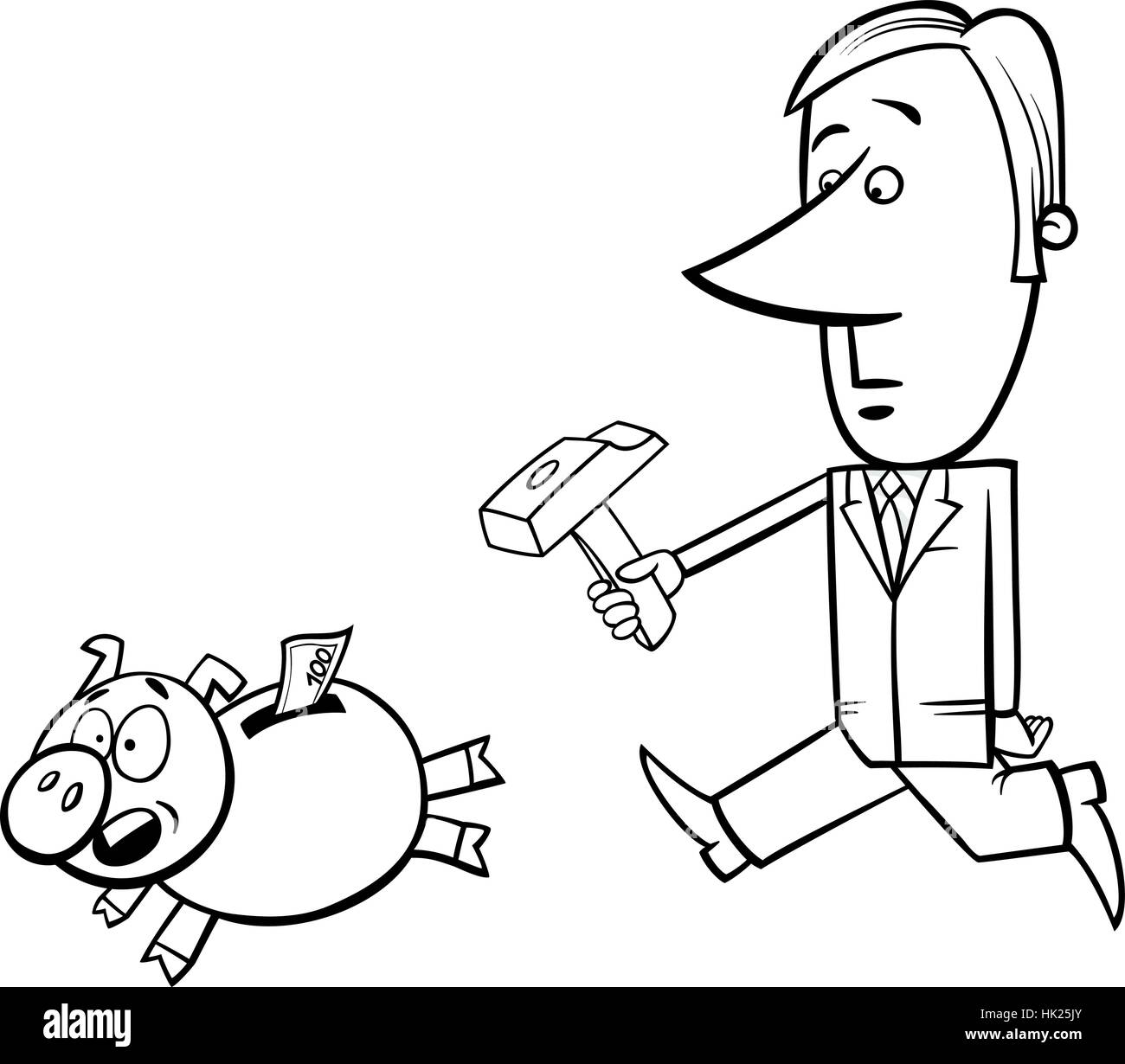 Concept Cartoon noir et blanc Illustration de Businessman avec un marteau chassant Piggy Bank Illustration de Vecteur
